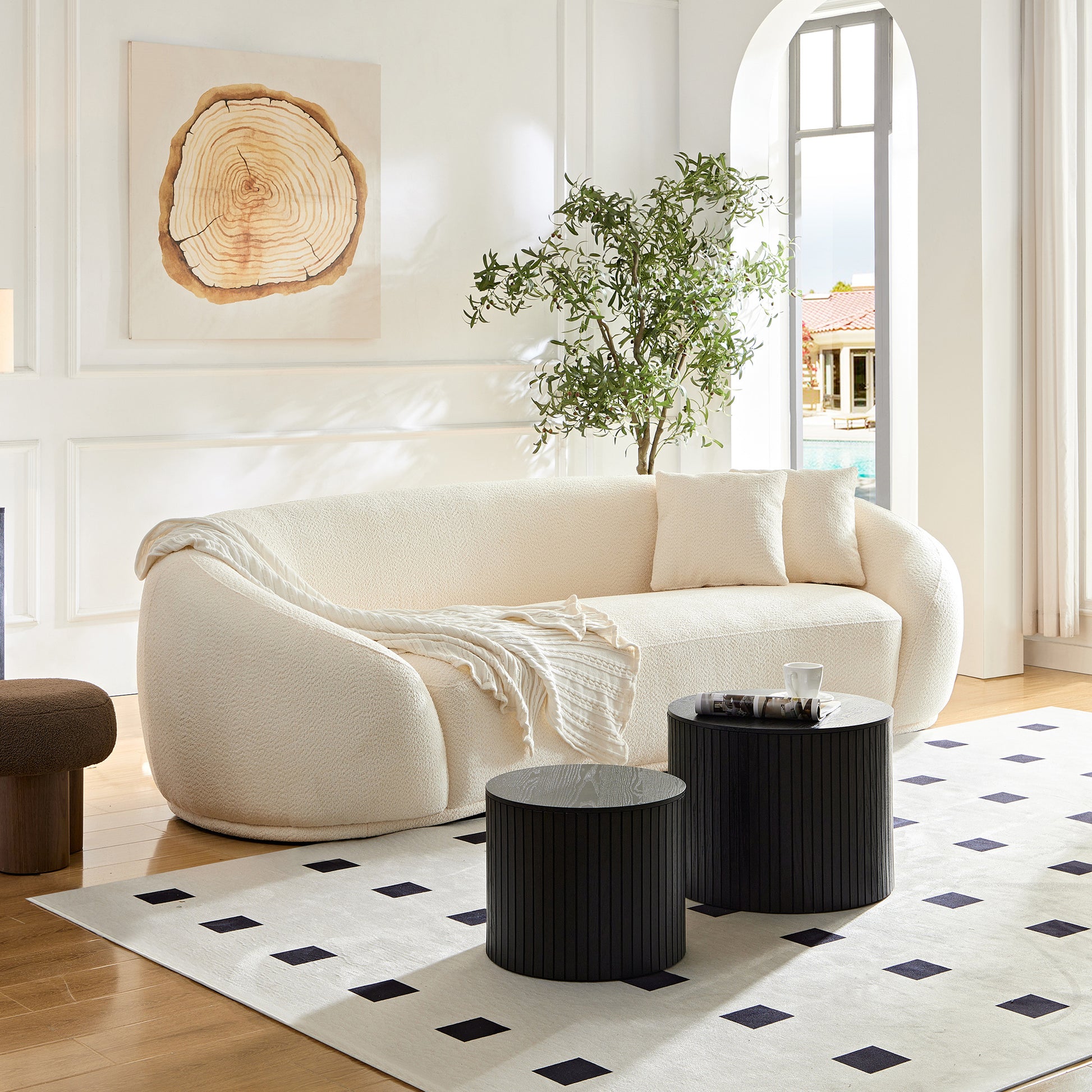 3 Person Sofa Modern Combination Half Moon Casual Teddy Bear Wool Sofa Curved Sofa, Snow White White Primary Living Space Medium Soft Delicate Duty Fabric 3 Seat