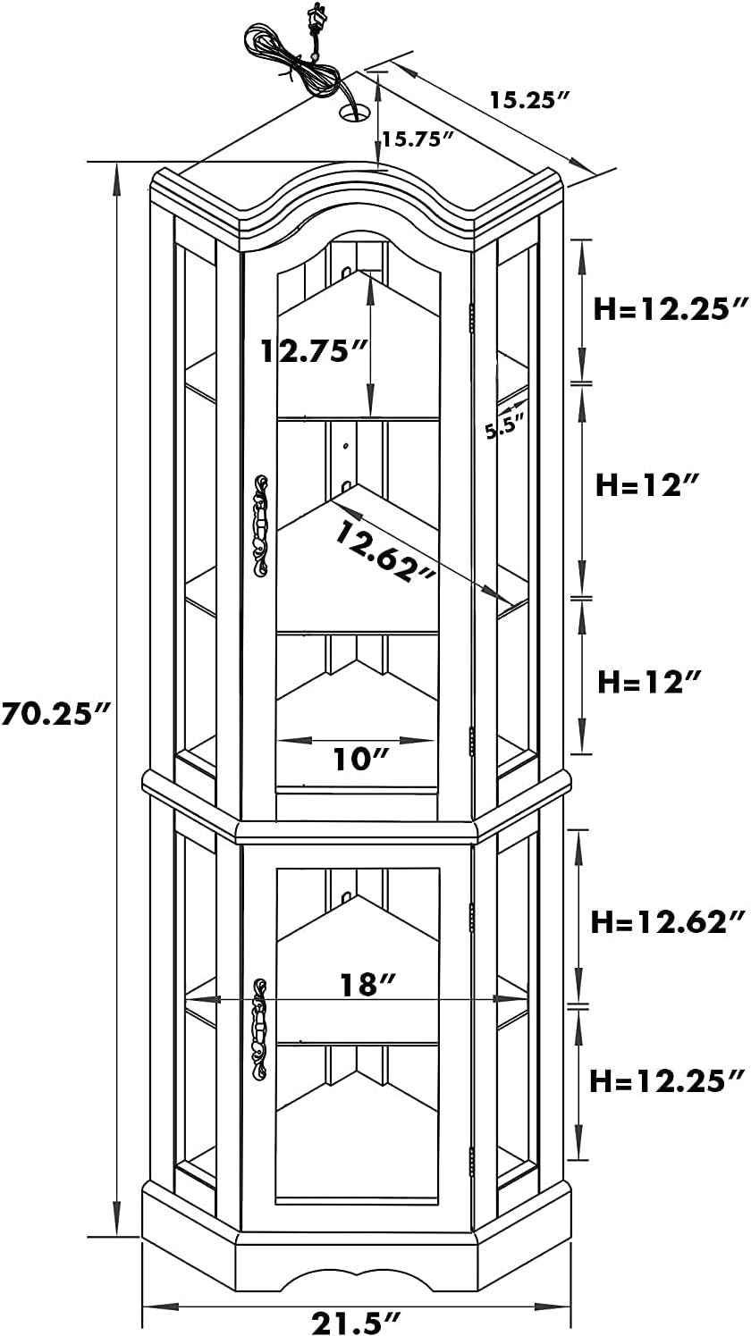Corner Curio Cabinet With Lights, Adjustable Tempered Glass Shelves, Mirrored Back, Display Cabinet,Walnut E26 Light Bulb Not Included Walnut Mdf