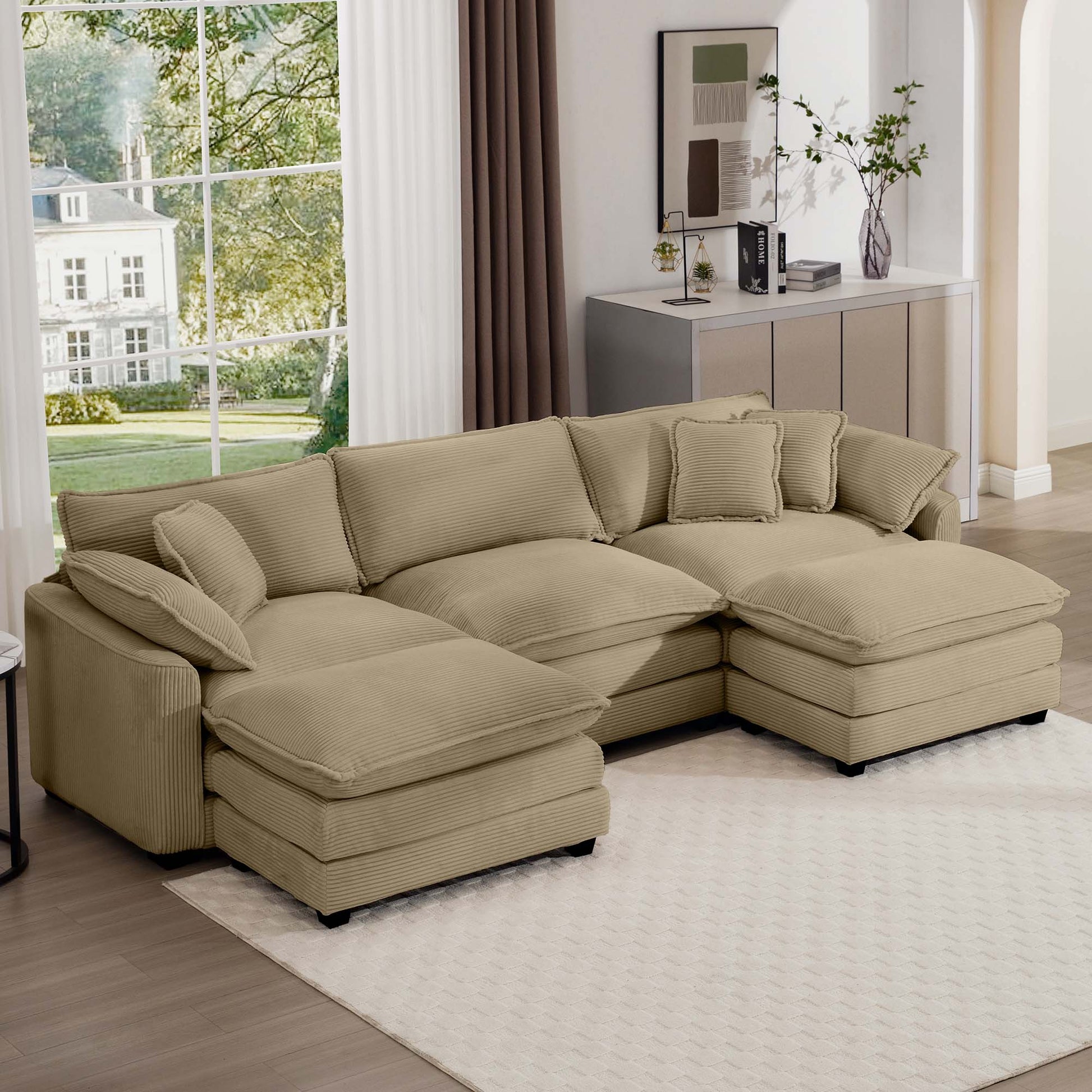Oversized Modular Cushion Sofa, Portable Ottoman, L Shaped Corner Low Back Deep Seating Spacious Sofa Set And Sofa Bed For Home Apartment Living Room Set, Tan Corduroy Tan Corduroy 3 Seat