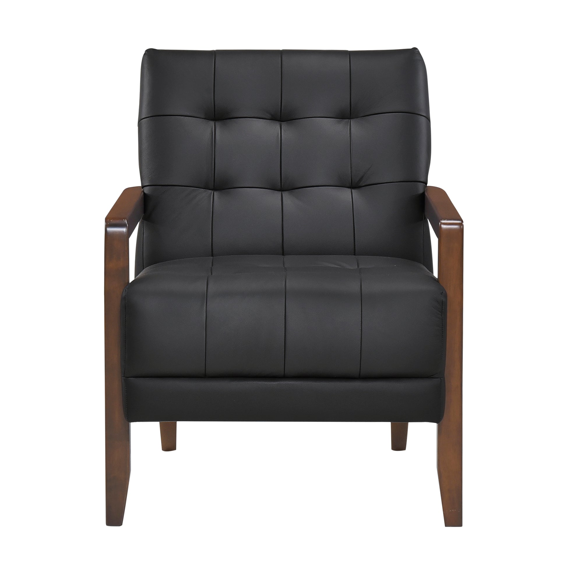 Modern Style Accent Chair Black Leather Upholstered Tufted Detail Walnut Finish Wood Furniture 1Pc Black Primary Living Space Contemporary,Modern Plywood