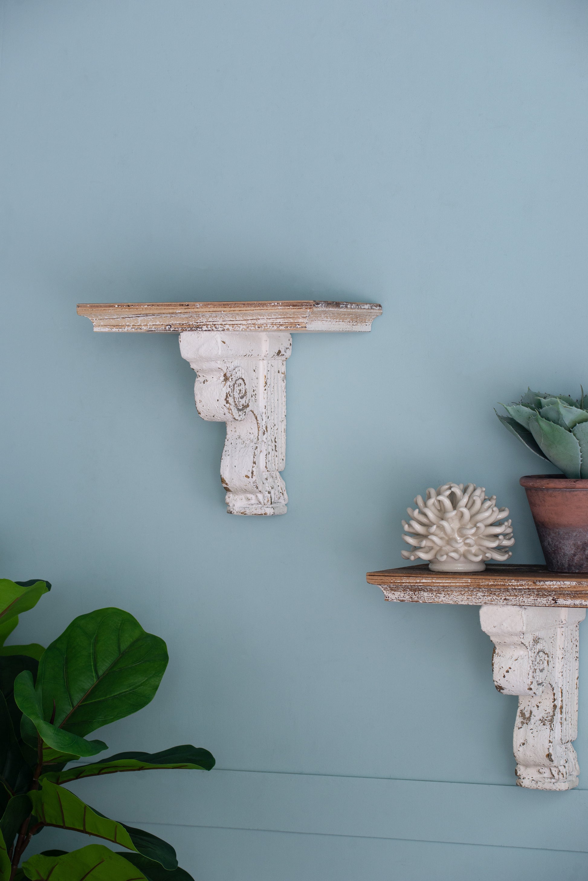 13.8X9.1X11.4" Distressed Brown And White Wooden Wall Shelf With Corbel Design Brown Antique White Wood