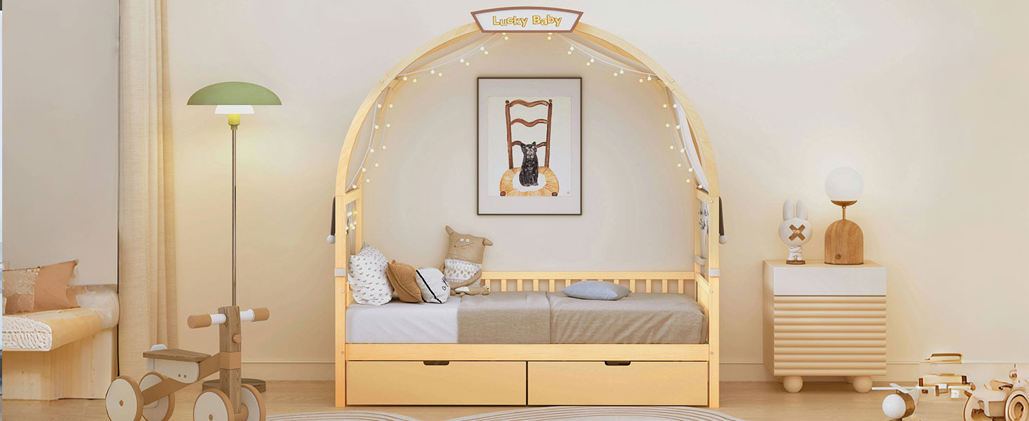 Twin Size Bed With Arched Roof And 2 Drawers, Natural Twin Natural Plywood