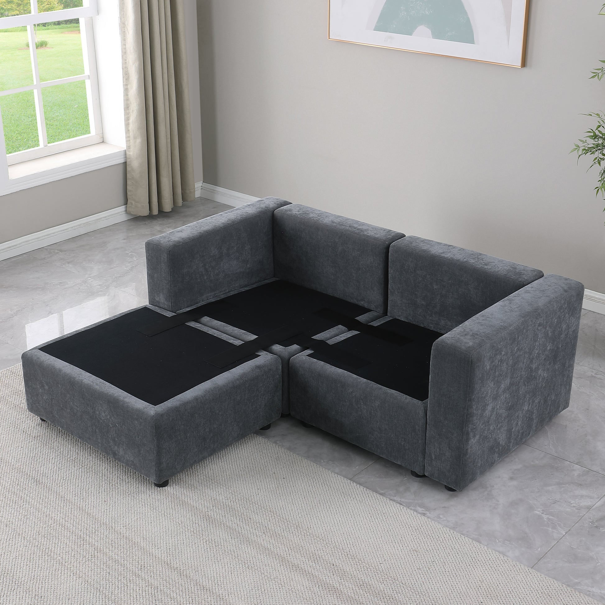 68.5" Loveseat Sofa With Ottoman Modular Sectional Beautiful Seat Couch Small L Shaped Upholstered Couch For Living Room Apartment Small Space, Chenille Grey Grey Fabric 3 Seat