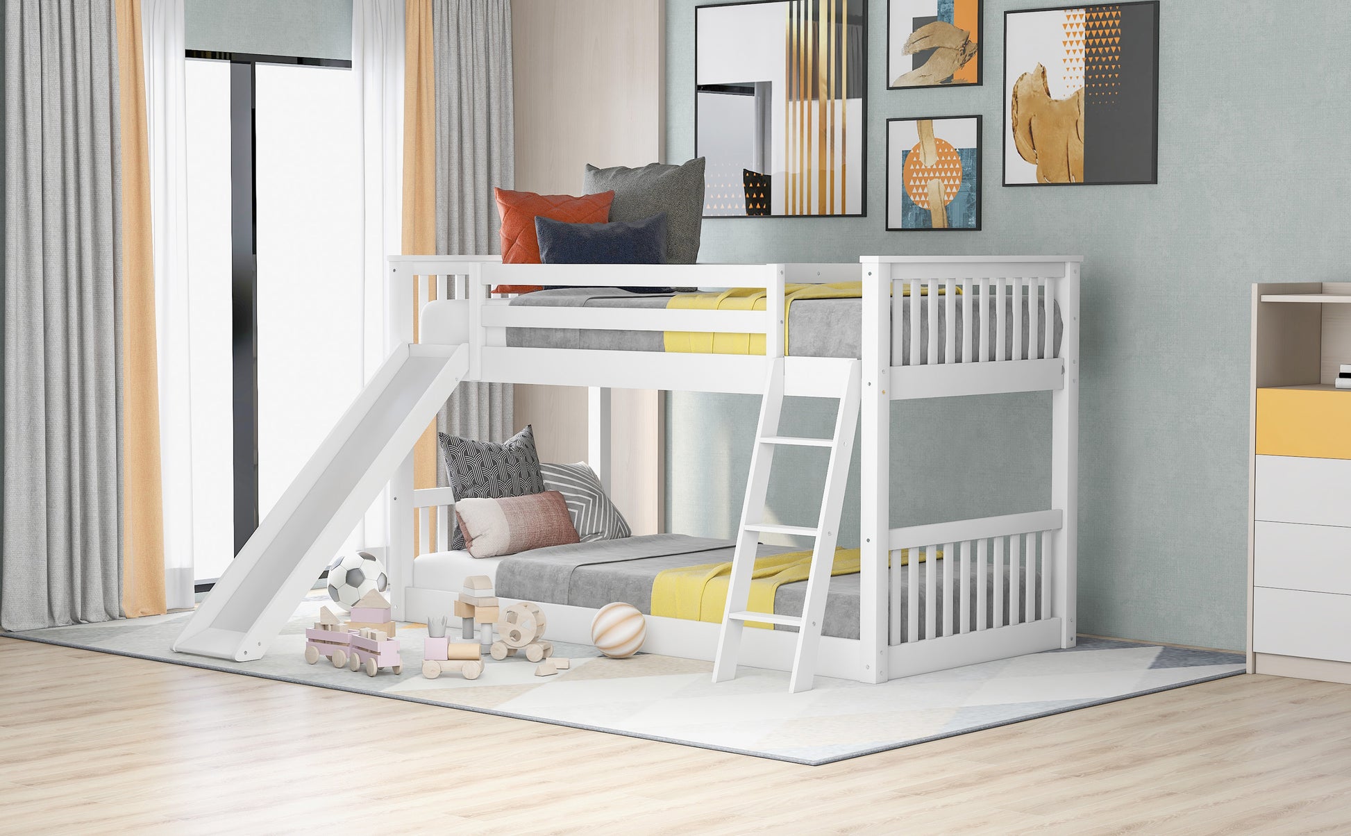 Twin Over Twin Bunk Bed With Convertible Slide And Ladder, White Old Sku: Sm000213 Box Spring Not Required Twin White Wood Bedroom Bunk Pine