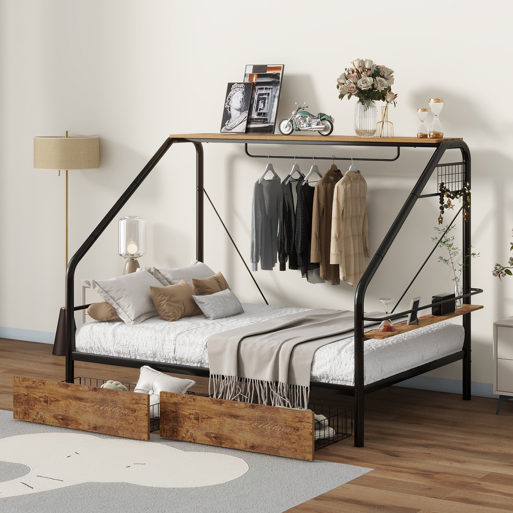 Full Size Metal Frame Platform Bed With Clothes Rack, Storage Shelves And 2 Drawers, Black Box Spring Not Required Full Black Metal Mdf Metal