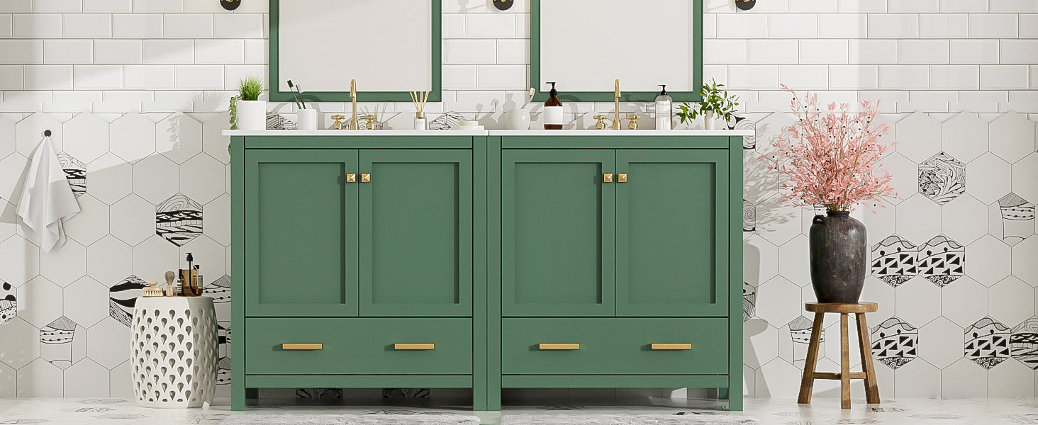 60" Green Bathroom Vanity Set With Double Vanities Separate , Double Ceramic Sinks, Storage Shelf, And Divided Drawers Mirror Not Included Modern Bathroom Solution For Spacious Bathrooms Green