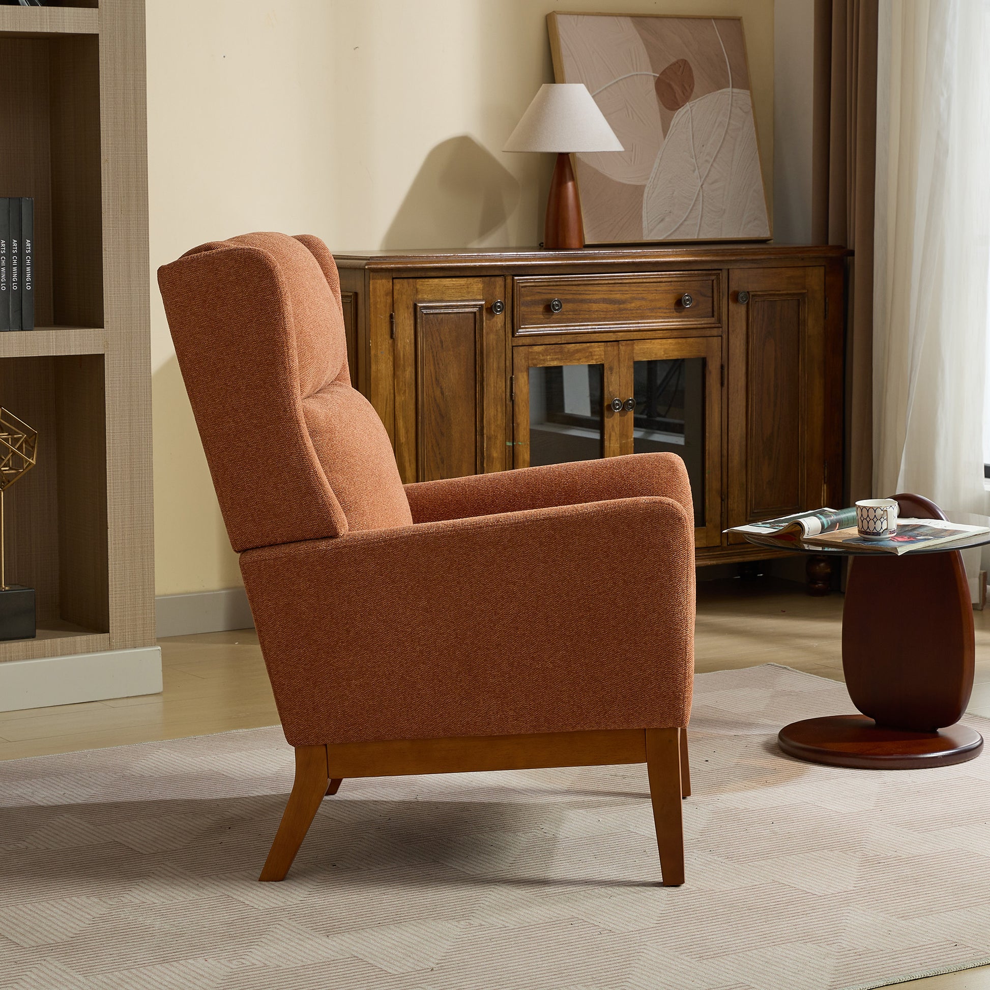 26.18" Wide Modern Accent Chair,Polyester Blend High Back Reading Chair ,Upholstered Armchair Club Chair,Single Sofa With Wood Legs For Living Room,Bedroom,Reading Room,Office,Orange Orange Foam