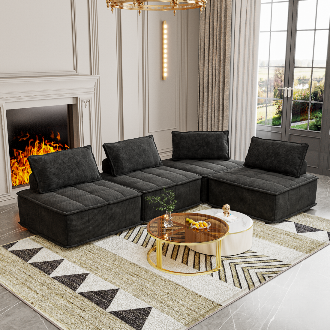 Versatile 4 Module Sofa With Adjustable Backrests And Customizable Configuration Chenille Black Sofa Black Chenille 4 Seat