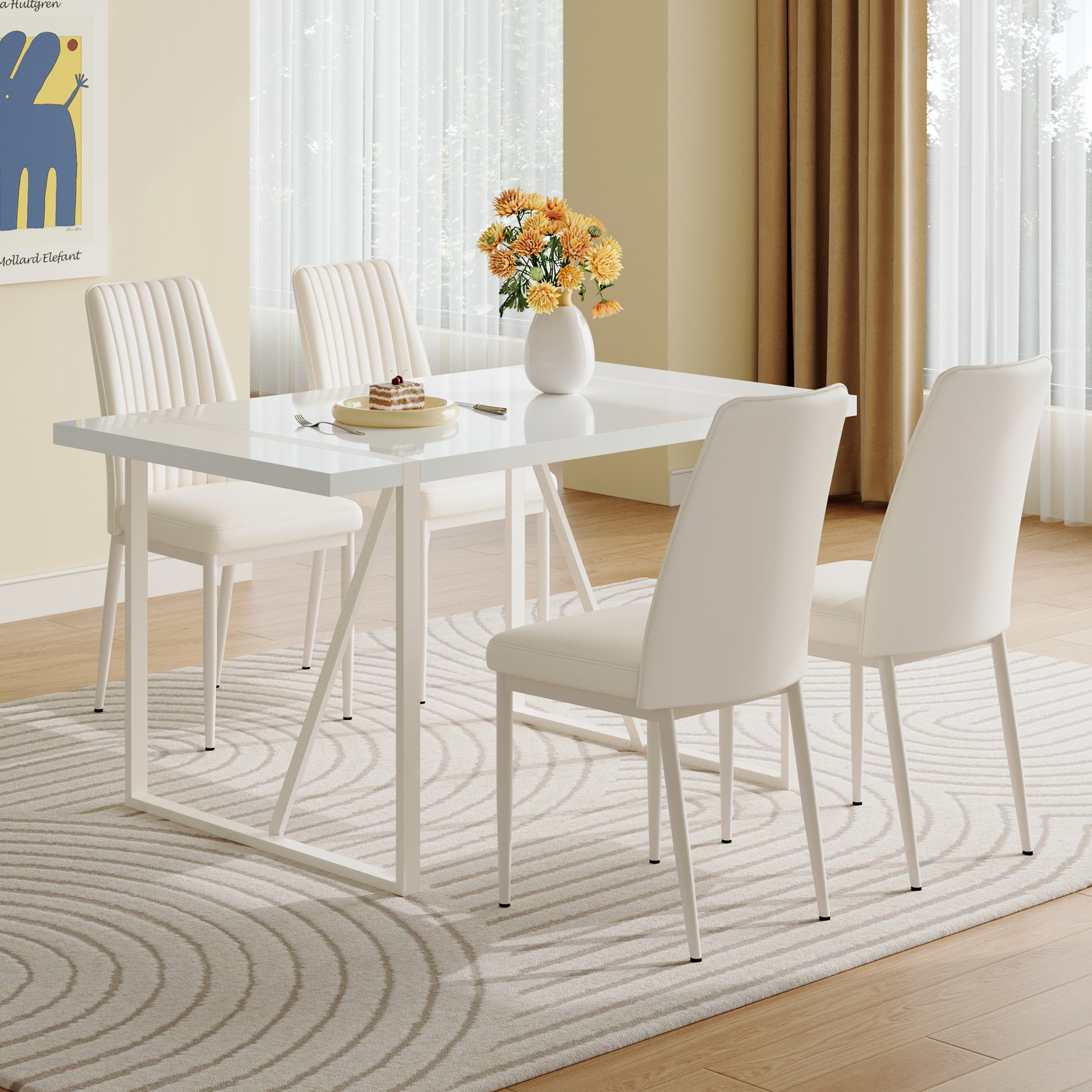 55"X31.5"Cream Style White Mdf Dining Table Set With 4 Armless Chairs.The Backrest Of The Dining Chair Is Designed With Multiple Vertical Stripes.Adding A Warm Atmosphere To Your Family. White Seats