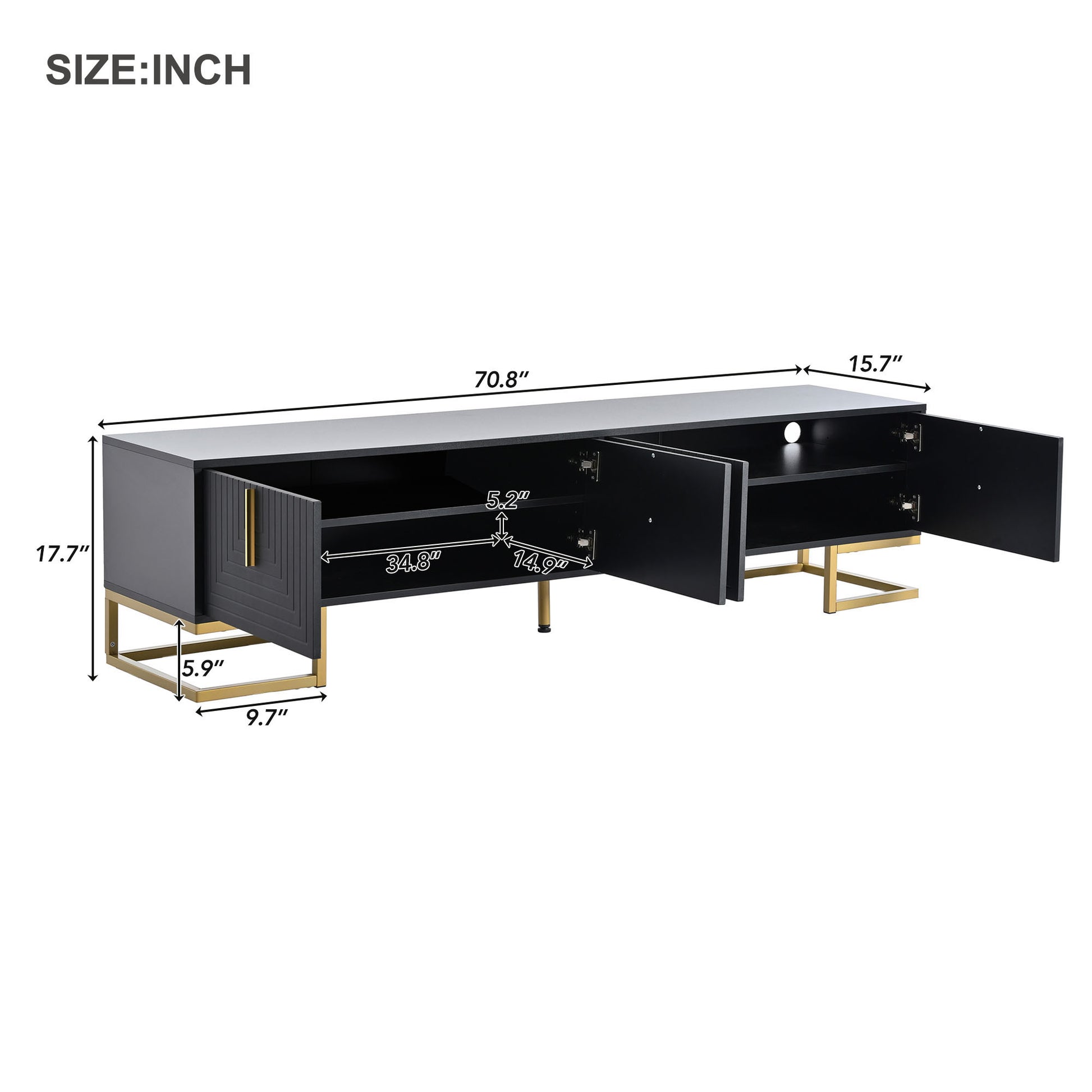 Modern Tv Stand With Metal Legs And Gold Handles For Tvs Up To 80'', Media Console Table With Cabinets And Adjustable Shelves, Luxury Tv Cabinet With Geometric Lines For Living Room, Black Black Gold Primary Living Space 80 89 Inches 80 89 Inches 80