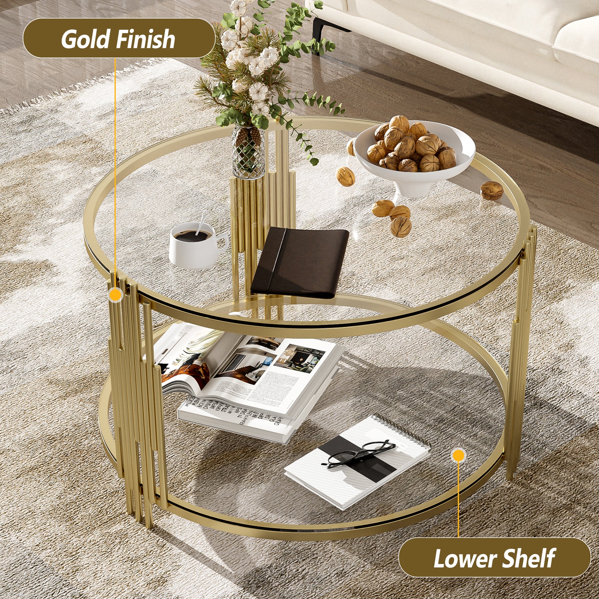 Modern Glass Coffee Table In 31.5", Asymmetrical Metal, Circular Metal Drum Base, Gold Finish & Lower Shelf Transparent Tempered Glass