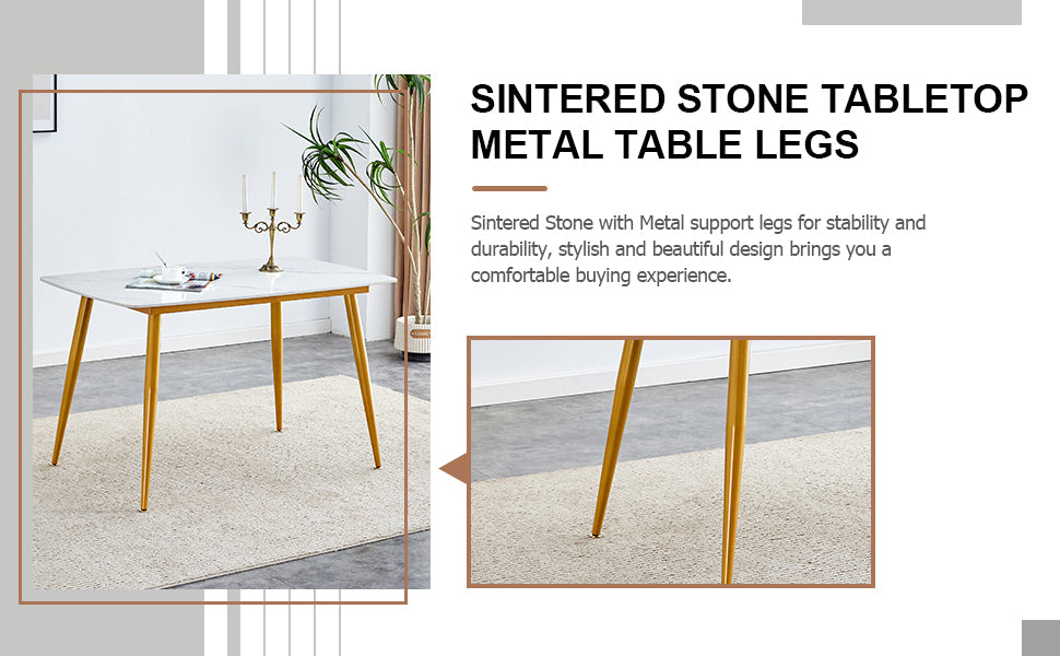 Table And Chair Set.A Morden Table With White Imitation Marble Patterned Stone Burning Tabletop With Golden Metal Legs.Paried With 4 Chairs With Pu Leather Backrest And Black Metal Legs. Light Gray,White Gold Seats 4 Metal,Sintered Stone