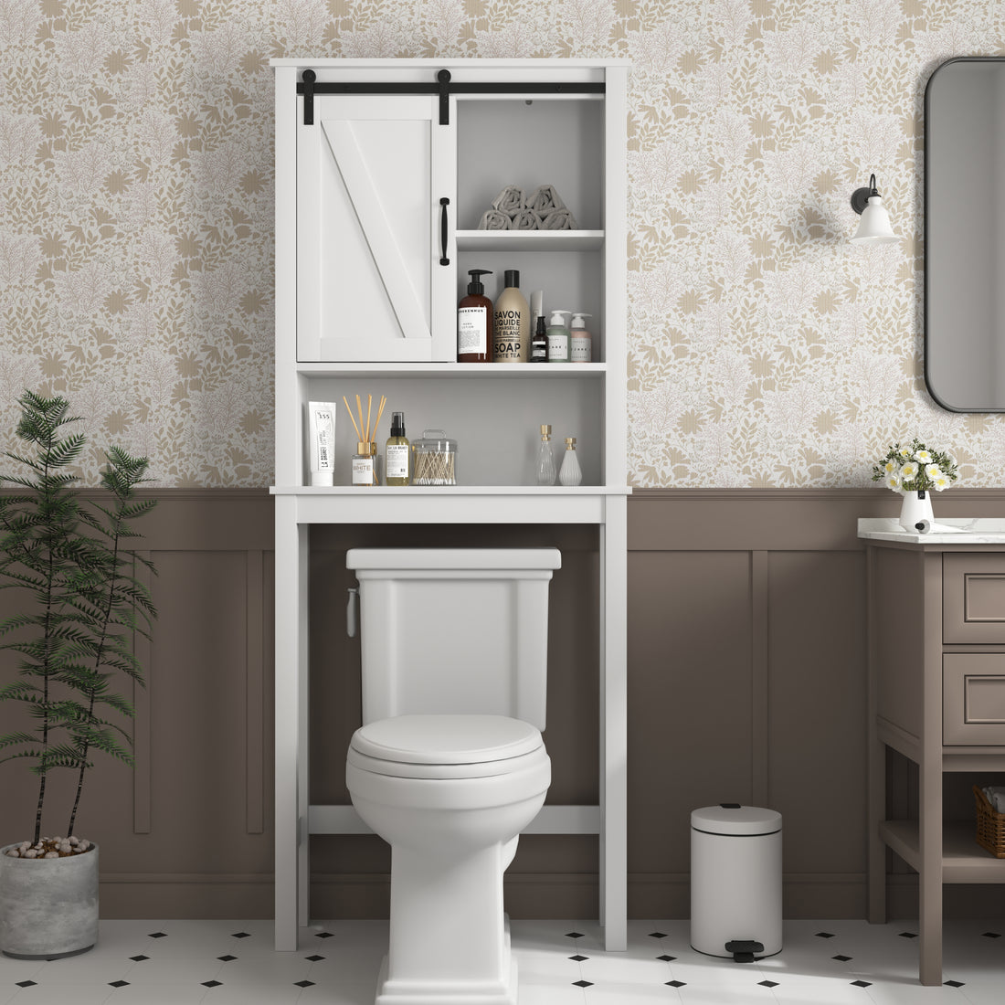 Over The Toilet Storage Cabinet, Space Saving Bathroom Cabinet, With Adjustable Shelves And A Barn Door 27.16 X 9.06 X 67 Inch White Mdf