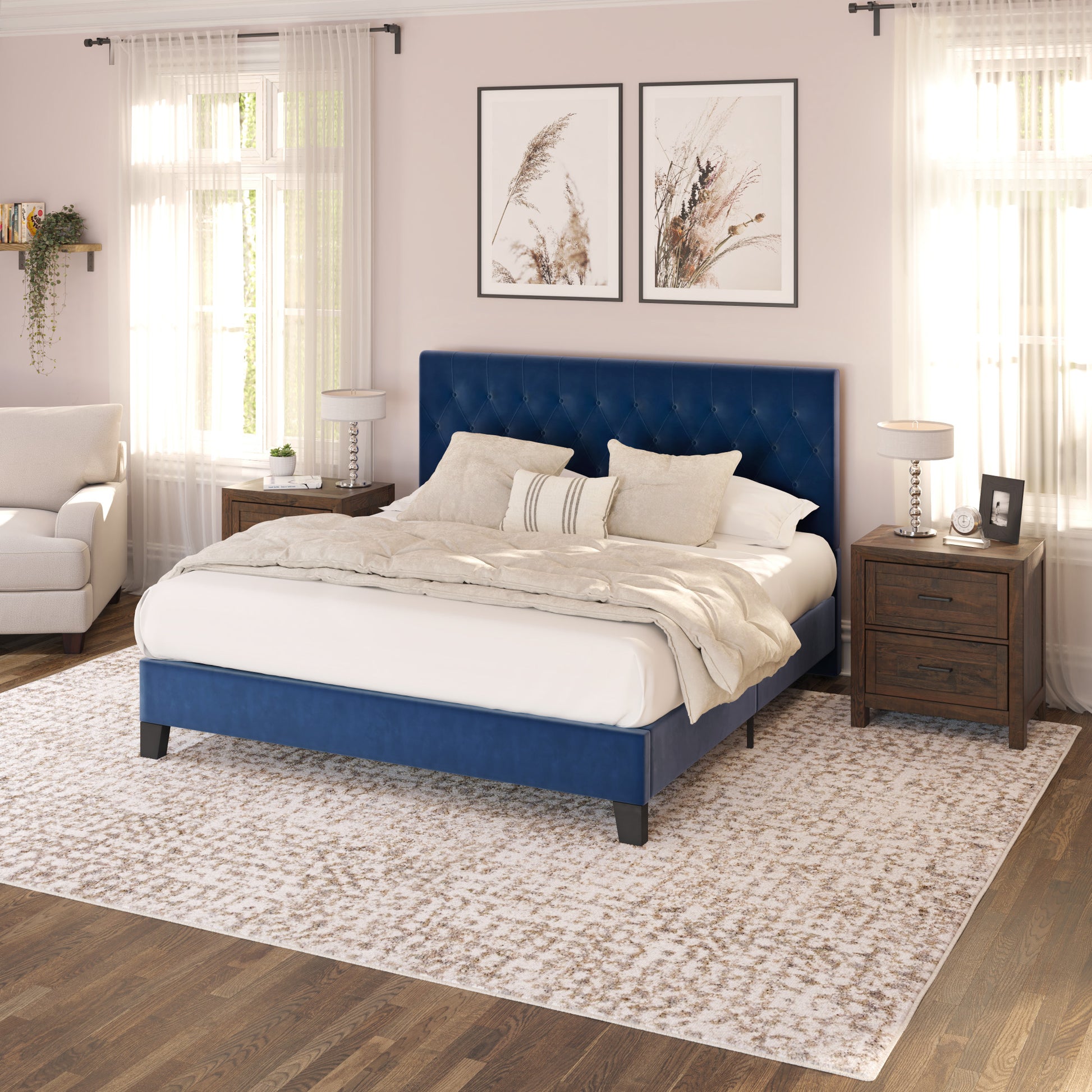 Luma Blue Cal King Upholstered Bed California King Blue Foam Solid Wood