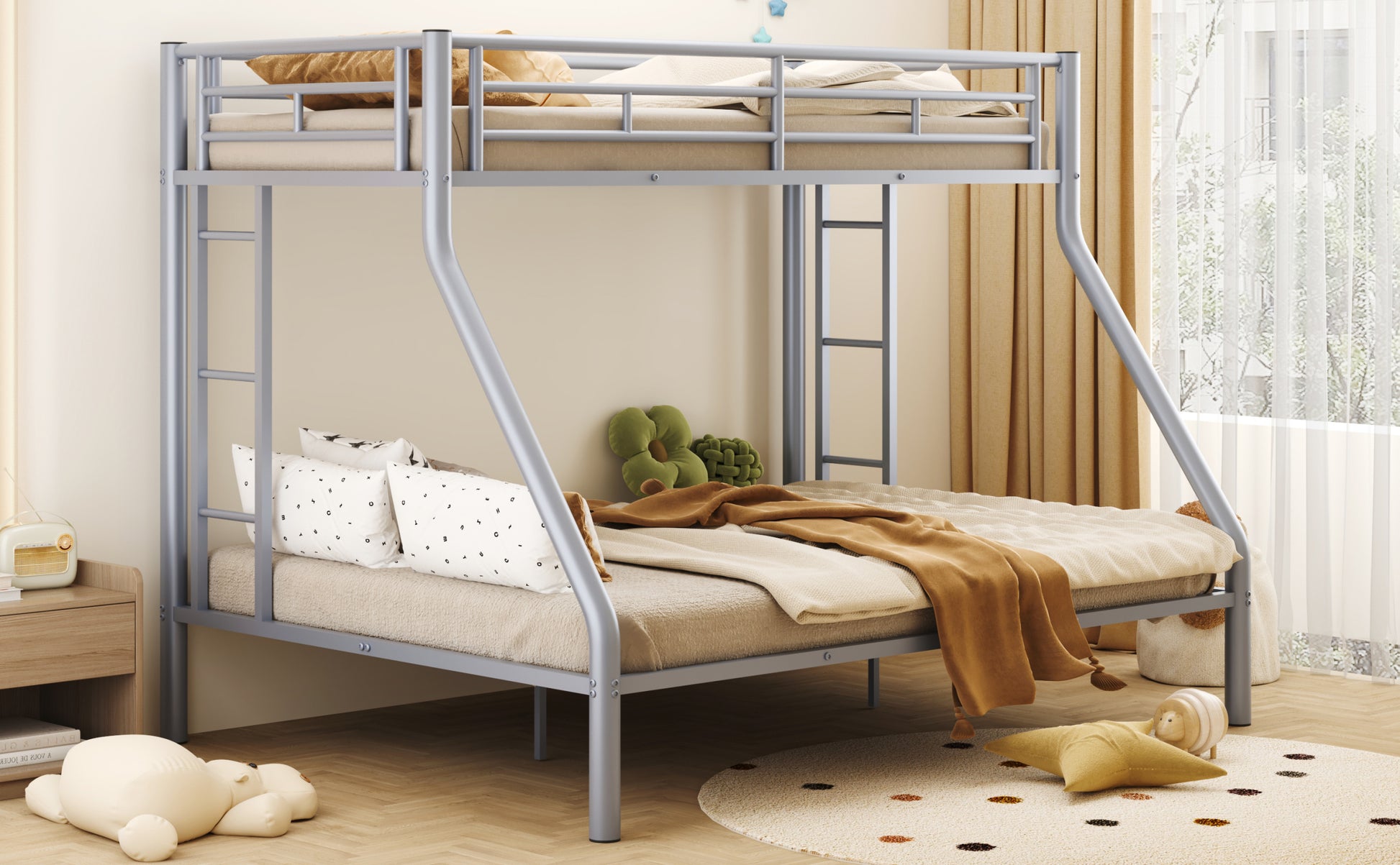 Twin Xl Over Queen Metal Bunk Bed With Ladder And Guardrails, Silver Expected Arrival Time: 9.7 Box Spring Not Required Twin Xl Silver Metal Metal