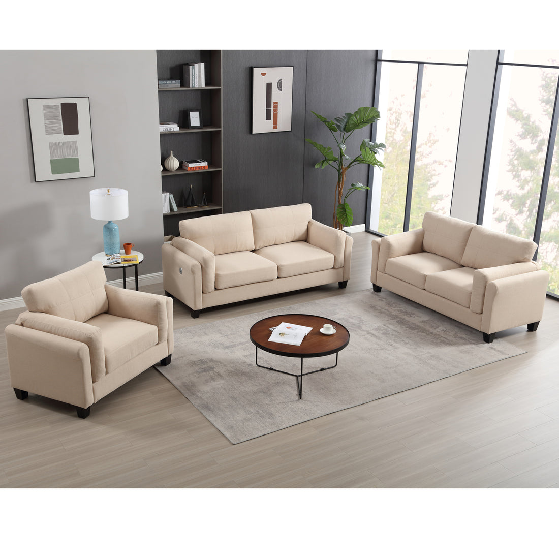 Oversized Modern 3 Pieces Sofa Set For Living Room Double Armrest Comfy Deep Seat Furniture Sets Chair & Loveseat & 3 Seater Couch, Khaki Khaki Primary Living Space Fabric 6 Seat