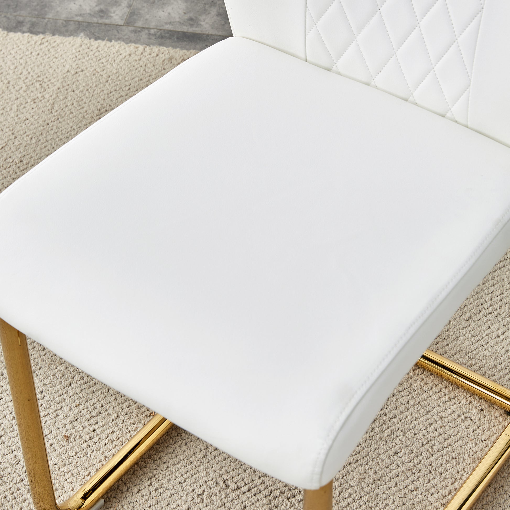 Table And Chair Set.The Table Has A Glass Tabletop With Imitation Marble Pattern Stickers And Stainless Steel Golden Table Legs. Paried With Comfortable Chairs With Pu Seats And Metal Legs. White Gold Seats 8 Glass Metal