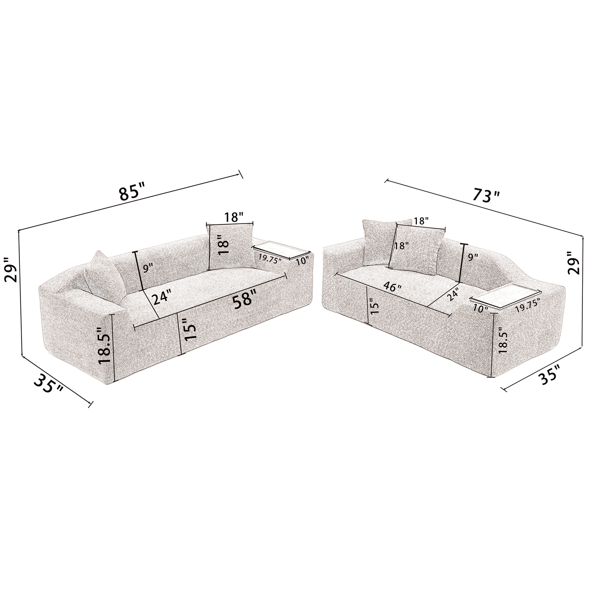 Arrived 2 Piece Boucle Cloud Sofa Set, Upholstered Sofa Set, Modern 3 Seater And 2 Seater Sofa With Mdf End Table For Living Room ,Apartment,3 2 Couch,Boucle,Dark Gray Gray Polyester Primary Living Space Soft Tight Back Modern Square Arms Foam