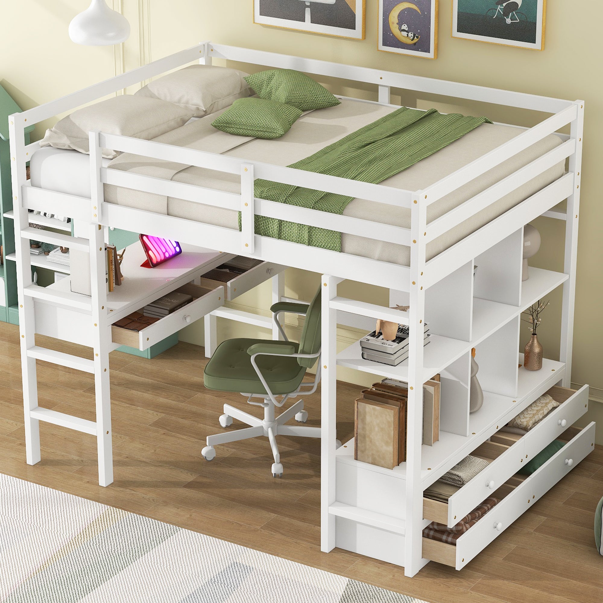 Full Size Loft Bed With Built In Desk With Two Drawers, And Storage Shelves And Drawers,White Old Sku:Gx000320Aak 1 Box Spring Not Required Full White Wood Bedroom Pine