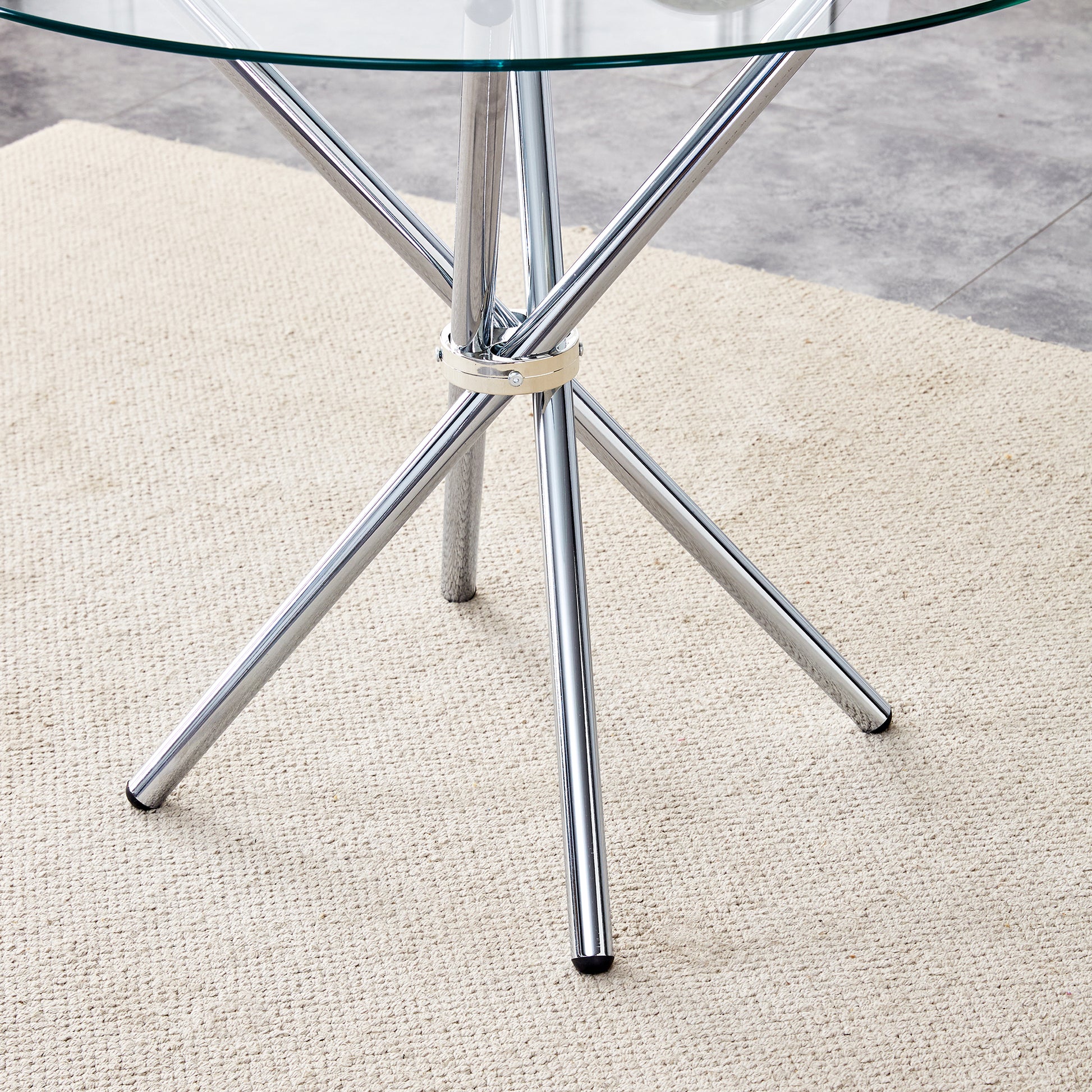 Round Clear Glass Dining Table With A Unique Shape For 4 6 People, With Ring Shaped Gathered Silver Metal Legs, Suitable For Desks, Kitchens, Terraces, Dining Rooms. Silver Glass Metal