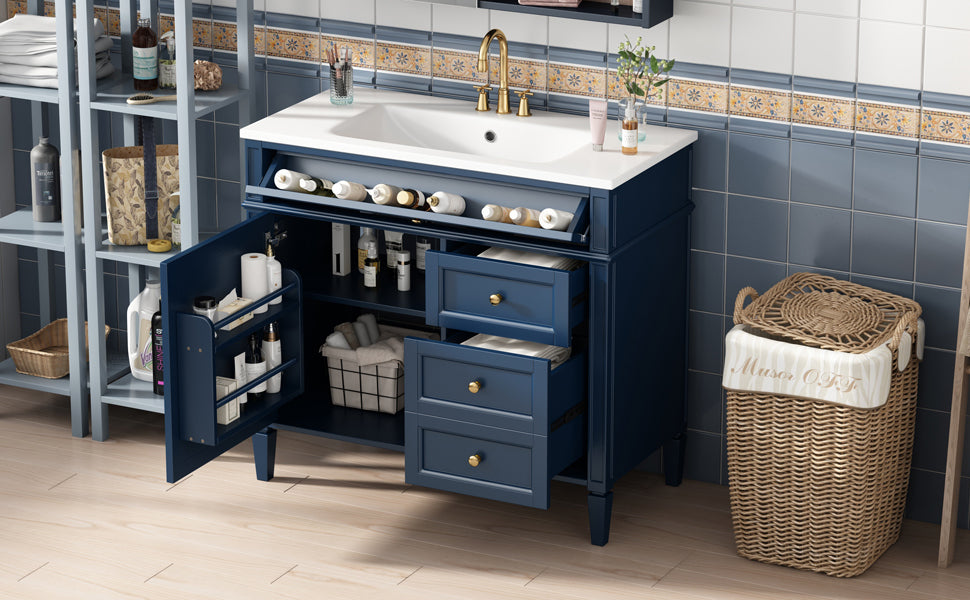 36'' Bathroom Vanity With Top Sink, Modern Bathroom Storage Cabinet With 2 Drawers And A Tip Out Drawer, Single Sink Bathroom Vanity Blue Bathroom Solid Wood Mdf Resin