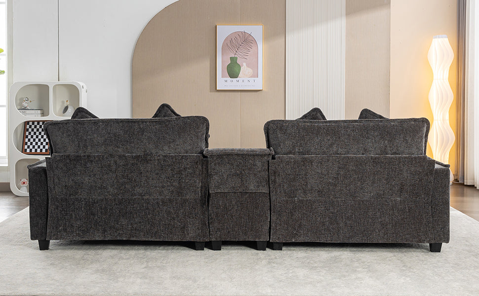 112.6" Sectional Sofa Chenille Upholstered Sofa With Two Removable Ottoman, Two Usb Ports, Two Cup Holders And Large Storage Box For Living Room, Black Black Foam Chenille 2 Seat