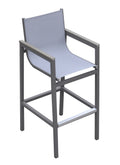 Marina Outdoor Patio Barstool In Gray Powder Coated Finish With Gray Sling Textilene And Gray Wood Accent Arms Gray Textilene Aluminium