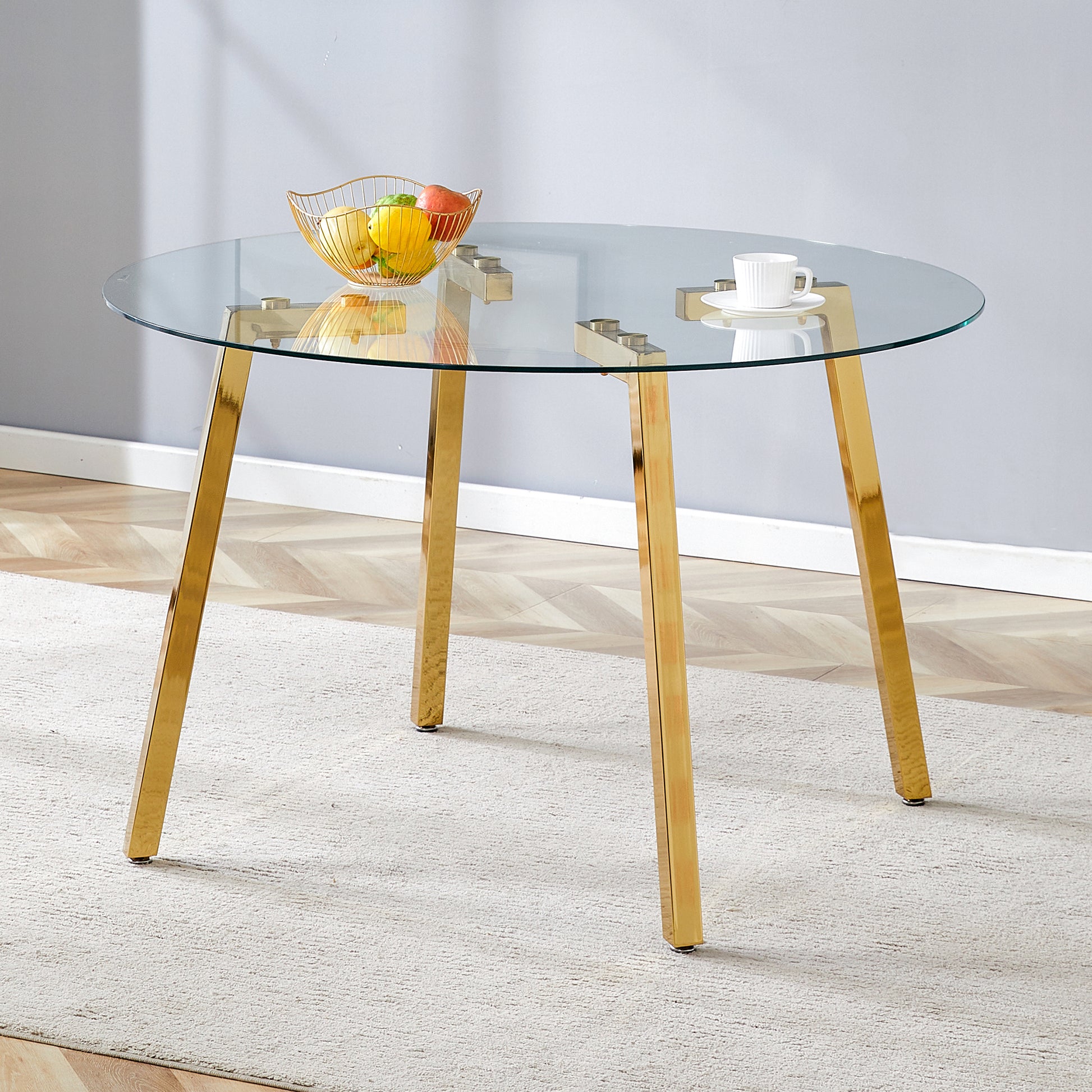 Modern Luxurious Round Tempered Glass Dining Table With Gold 7 Shaped Metal Legs,Suitable For Family Meals, Office Conferences, Or As A Casual Coffee Table For Various Occasions.47.3*47.3*29.5 Gold