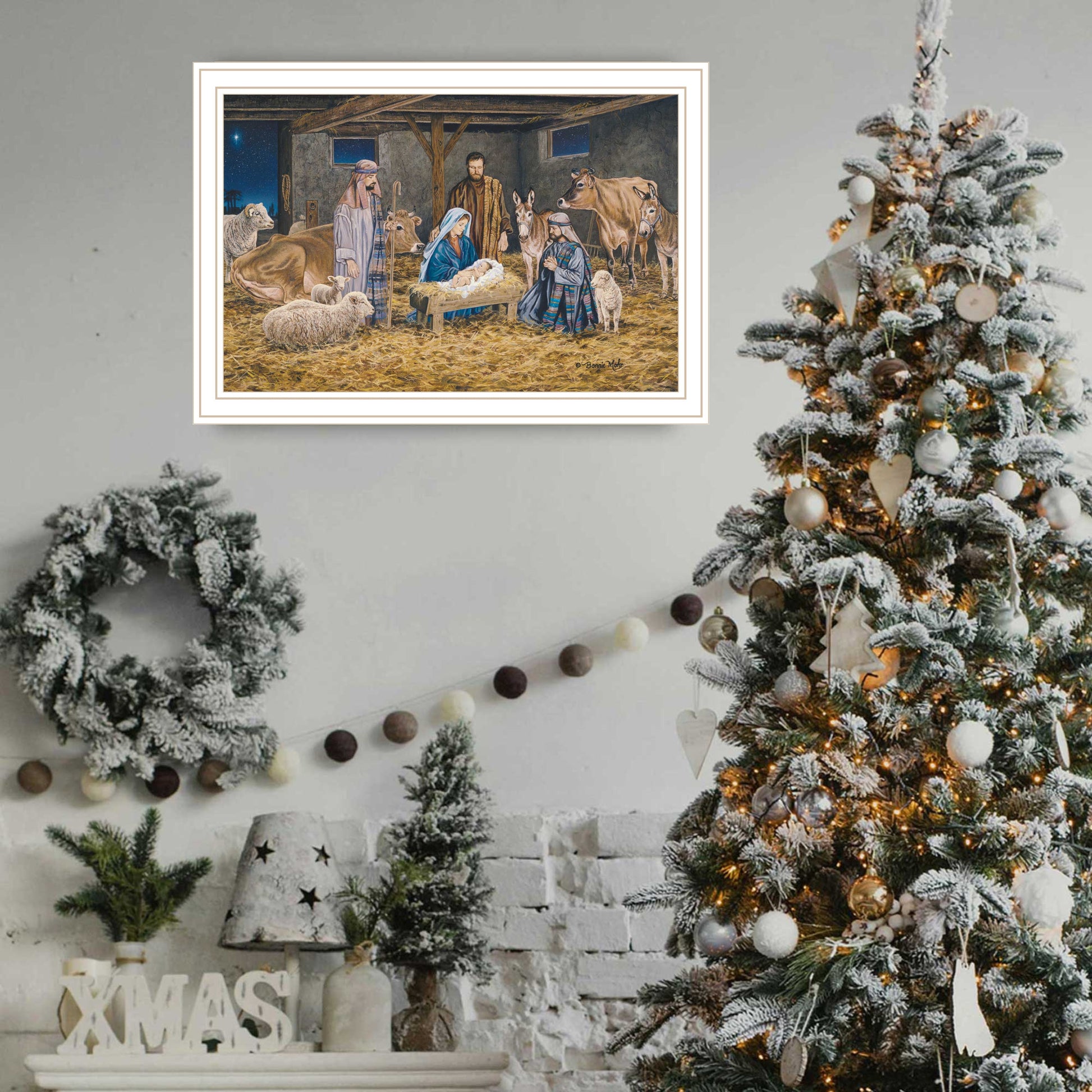 The Greatest Gift Of All The Birth Of Christ White Framed Wall Art For Living Room, Nativity Wall Art Print For Home Decor, Bedroom Wall Art By Bonnie Mohr Multicolor Wood Paper