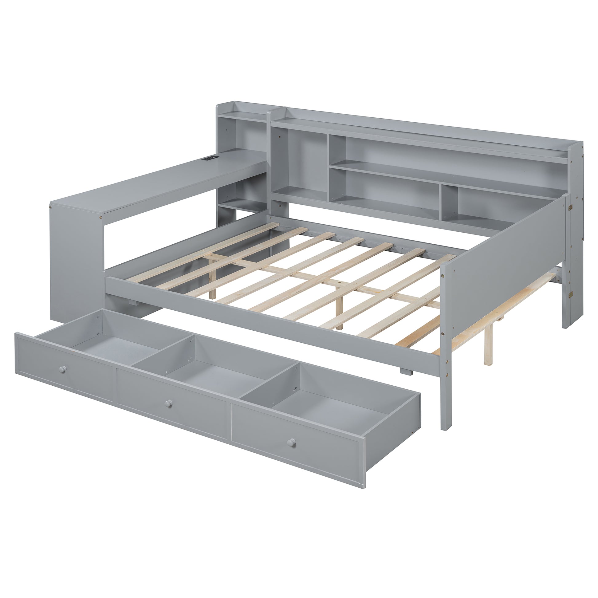 Full Size Wooden Daybed With 3 Drawers, Usb Ports And Deskgray Twin Gray Wood