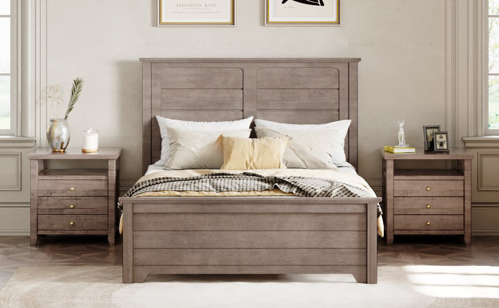 Farmhouse Wooden Platform Full Size Bed With Panel Design Headboard And Footboard For Teenager, Ash Brown Full Ash Brown Pine