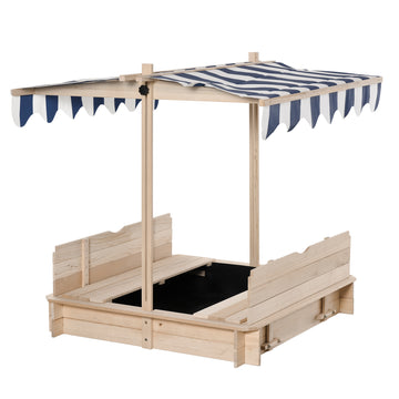 Outsunny Wooden Kids Sandbox With Cover, Children Outdoor Sand Box With Foldable Bench Seats, Adjustable Canopy, Bottom Liner For Outdoor, Natural Blue Wood