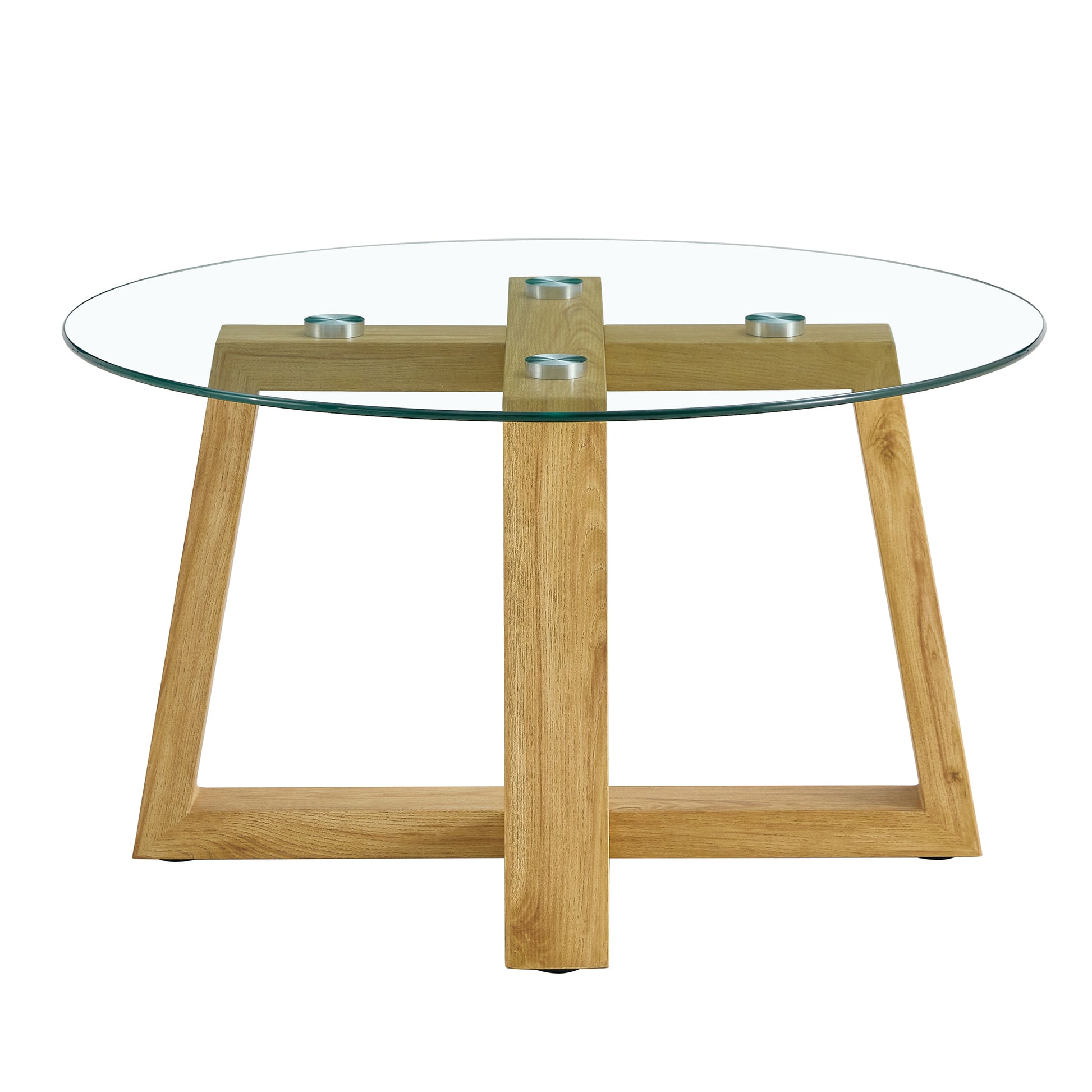 Modern Practical Circular Coffee Tables. Made Of Transparent Tempered Glass Tabletop And Wood Colored Mdf Material. Suitable For Living Rooms And Bedrooms.31.5"*31.5"*17.7" Transparent Glass