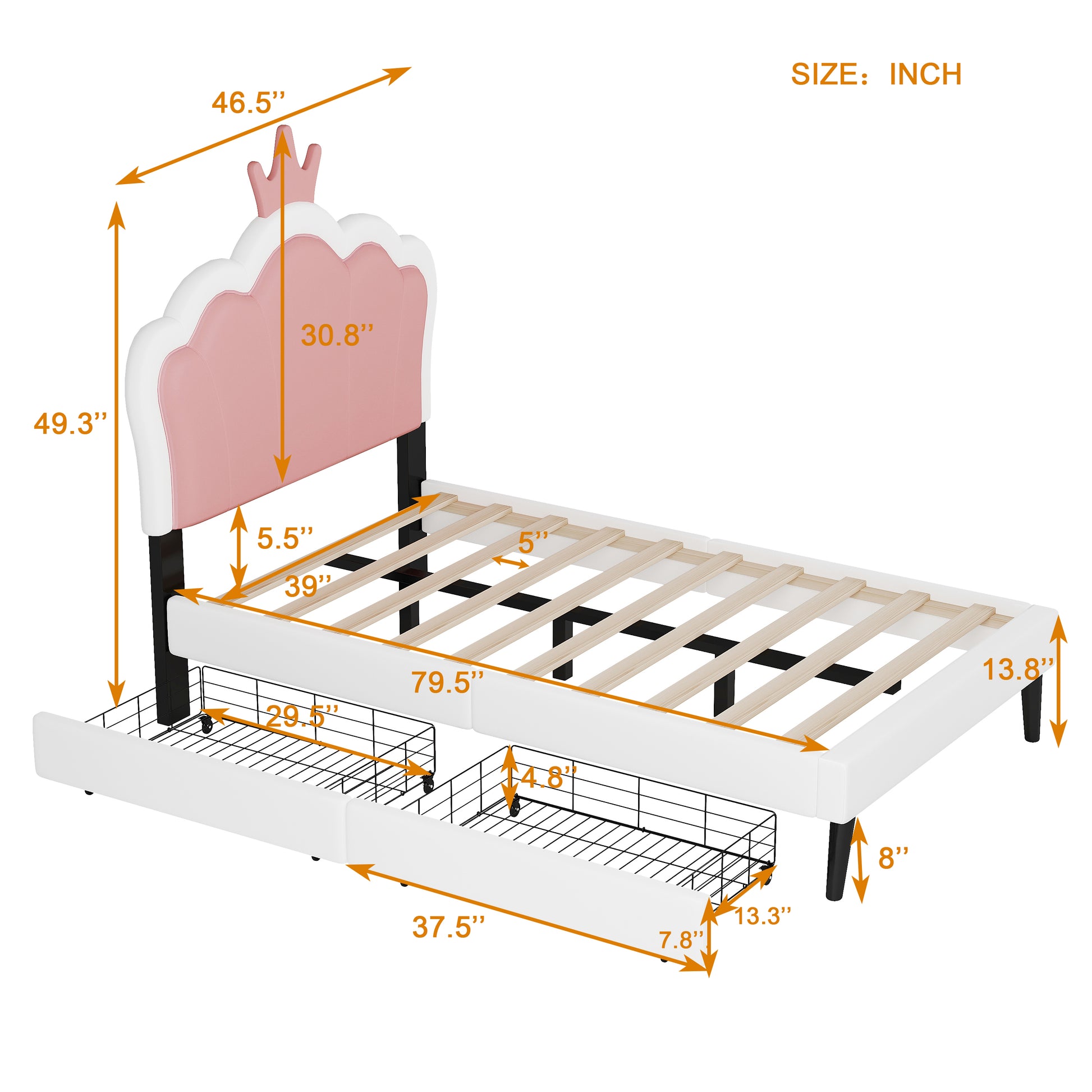 Twin Size Upholstered Princess Bed With Crown Headboard And 2 Drawers,Twin Size Platform Bed With Headboard And Footboard, Pink White Twin White Pu