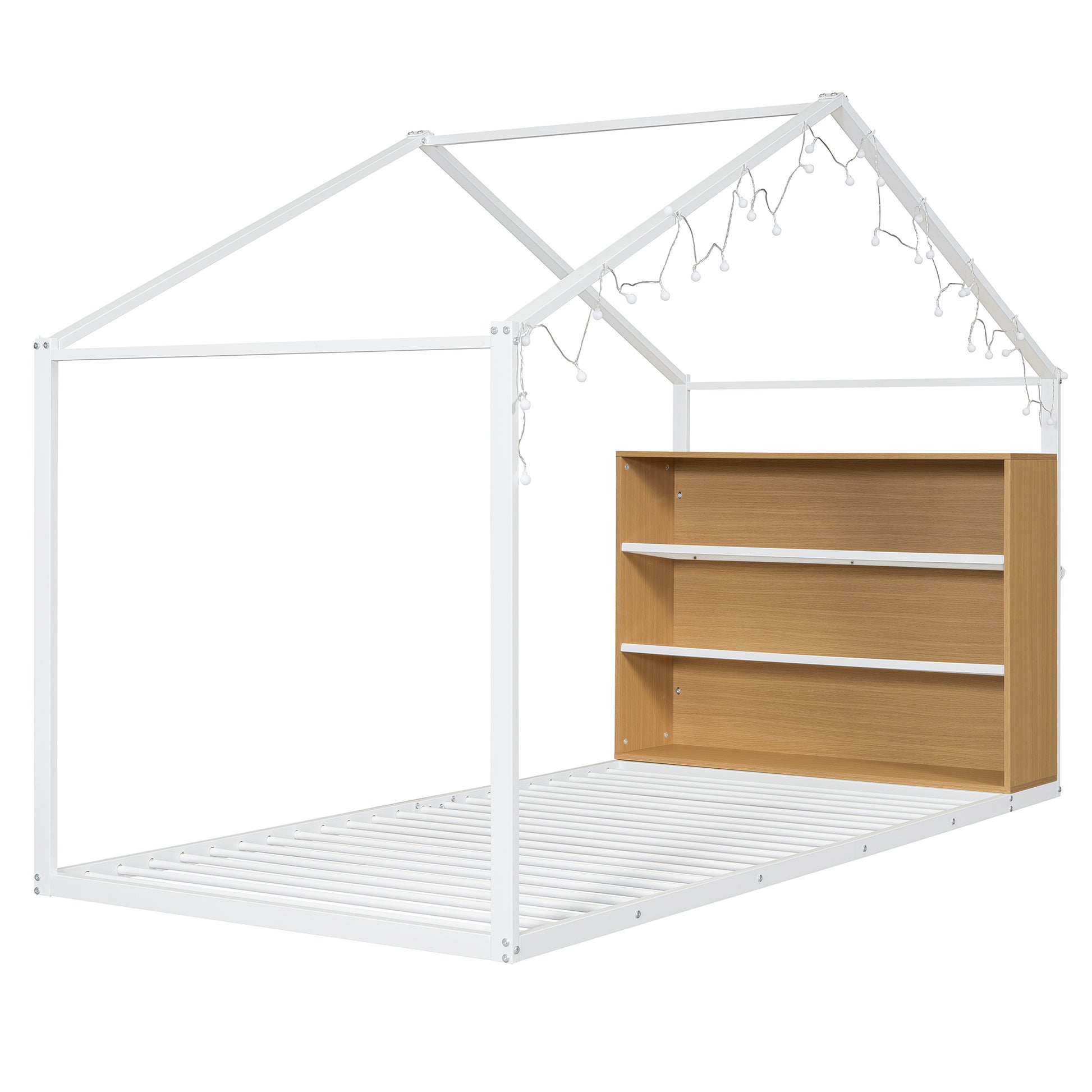 Twin Size Metal Bed House Bed Frame With Shelves And Lights, White Twin White Metal & Wood
