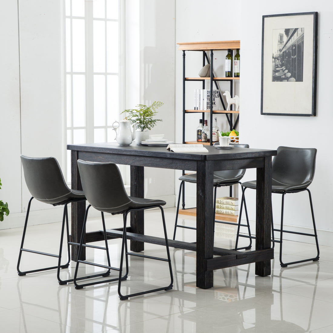 Bronco Antique Wood Finished Counter Height Dining Set: Table And Four Gray Chairs Wood Dining Room Fixed Table Rubberwood Rectangular Dining Table With Chair Metal Wood Black Gray Seats 4 60 Inches Rectangular 4 Leg Metal & Wood