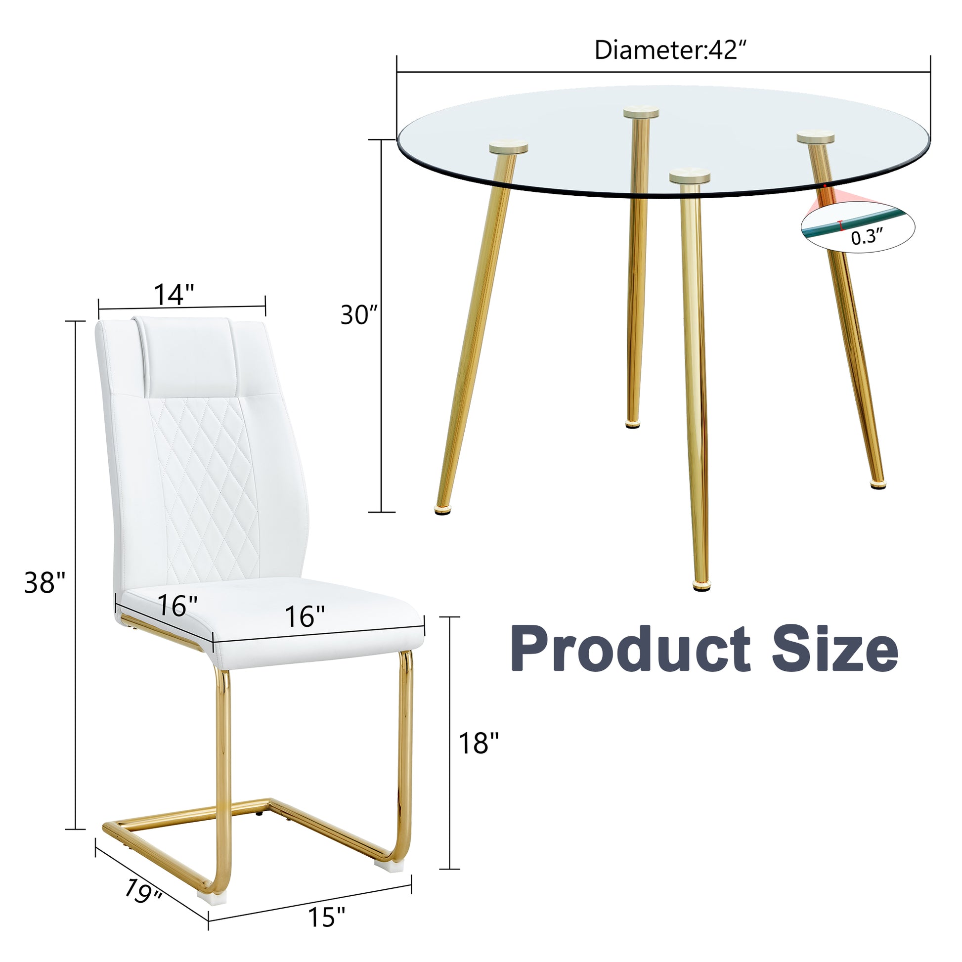 A Modern Minimalist Style Round Transparent Tempered Glass Table With Gold Metal Legs, Paired With 6 Modern Pu Leather High Back Dining Chairs Bring A Luxurious Experience. White Seats 6 Glass Metal