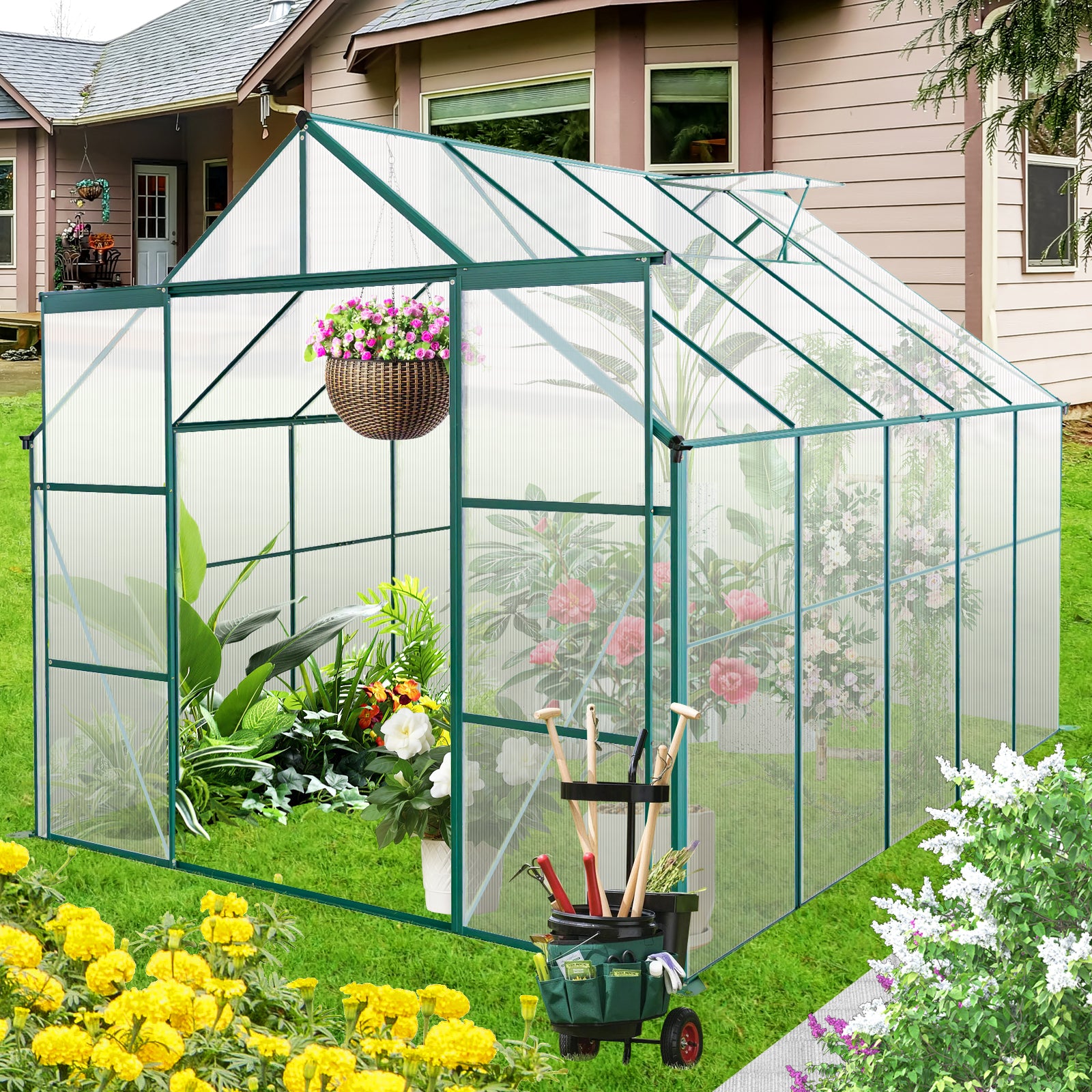 8X10Ft Double Door Polycarbonate Greenhouse Raised Base And Anchor Aluminum Heavy Duty Walk In Greenhouses For Outdoor Backyard In All Season,Green Green Aluminium