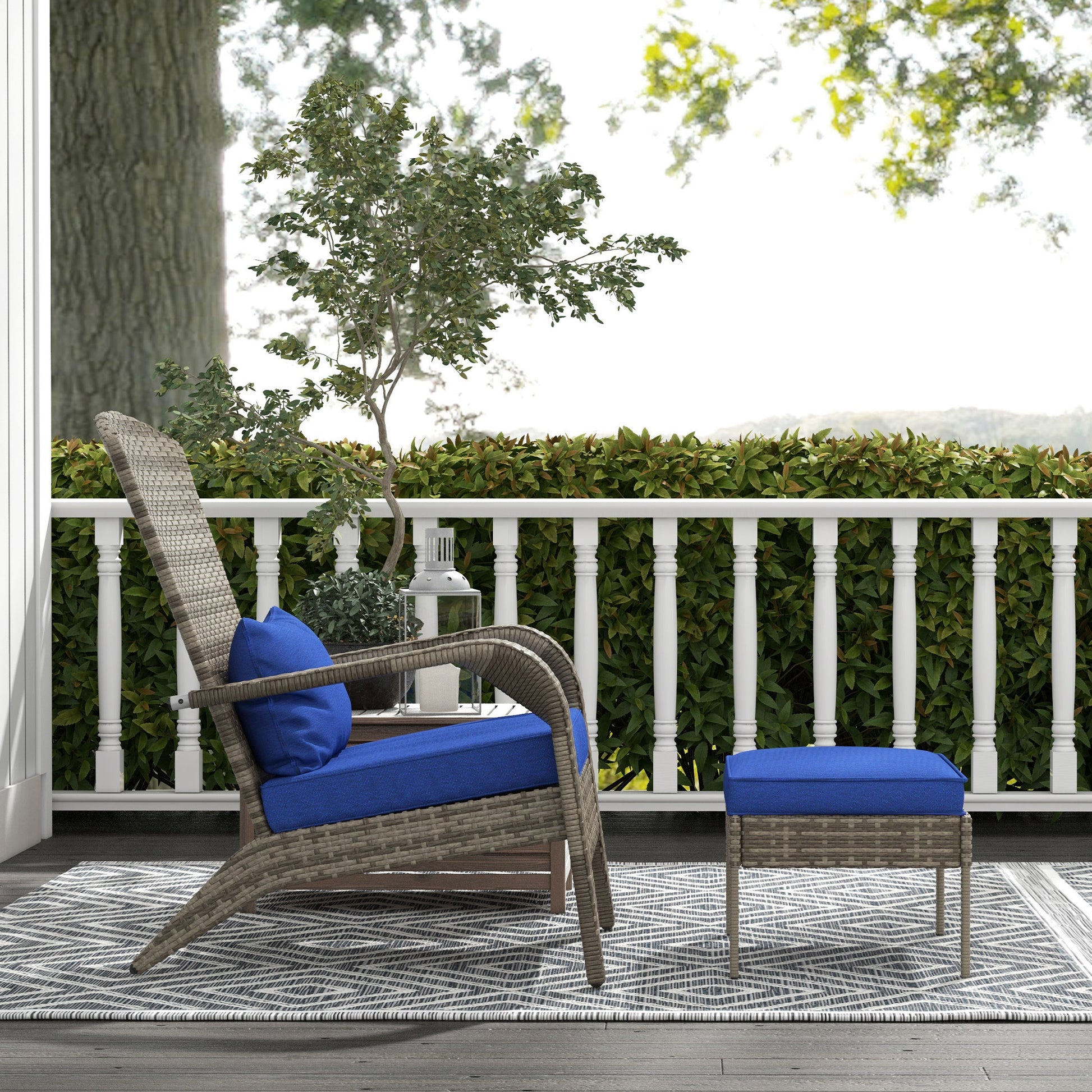 Outsunny Patio Wicker Adirondack Chair With Ottoman, Outdoor Fire Pit Chair With Cushions, High Back, Large Seat & Armrests For Deck, Garden & Backyard, Dark Blue Blue Steel