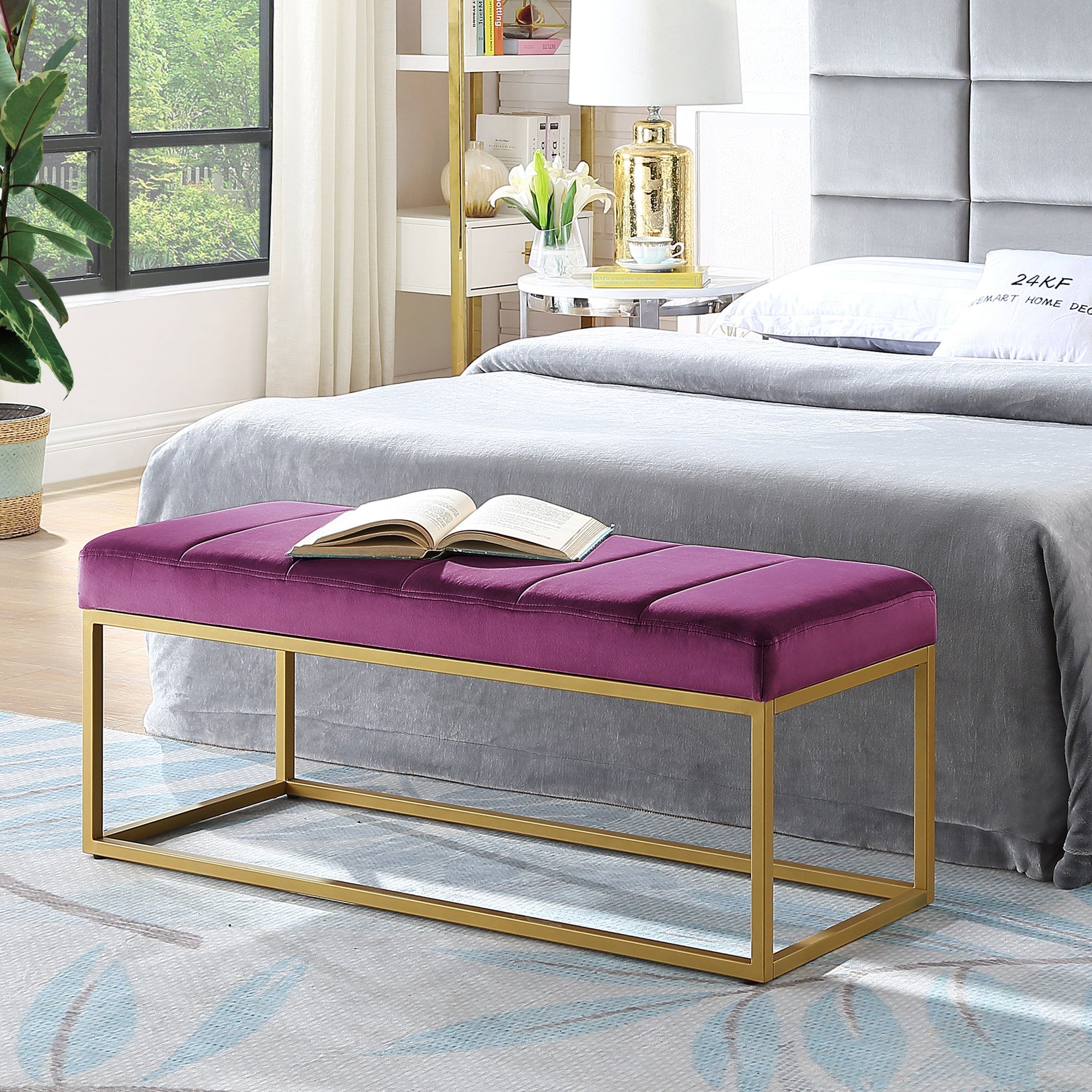 Modern Tufted Channel Entryway Bench Emerald Velvet Upholstered End Of Bed Bench With Metal Frame,Footboard Bench For Living Room, Bedroom Violet Foam Velvet