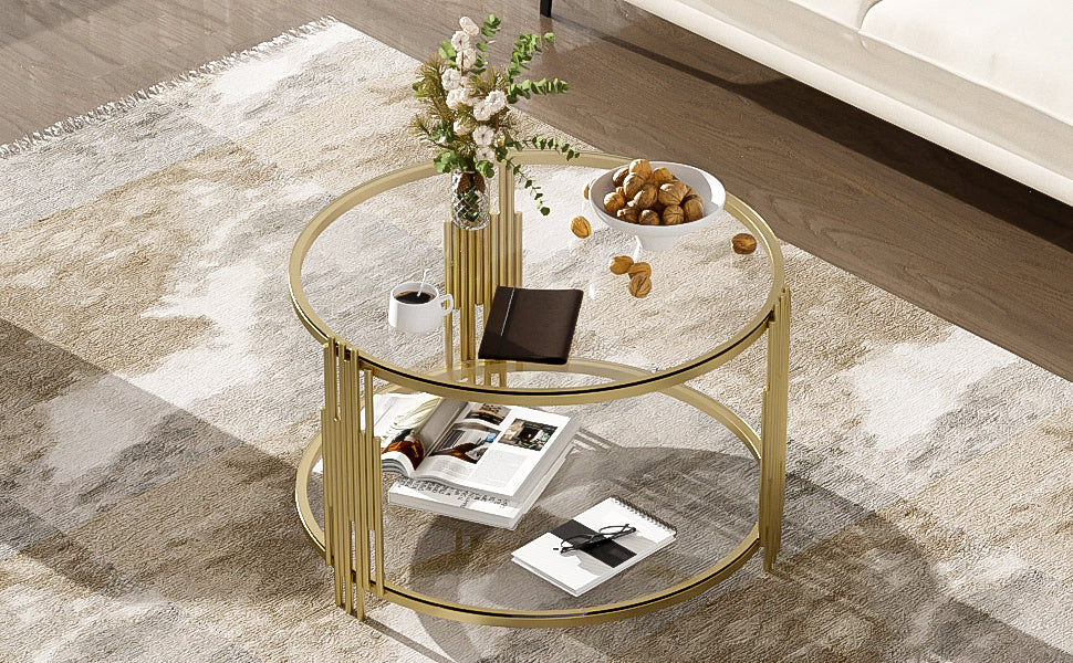 Modern Glass Coffee Table In 31.5", Asymmetrical Metal, Circular Metal Drum Base, Gold Finish & Lower Shelf Transparent Tempered Glass