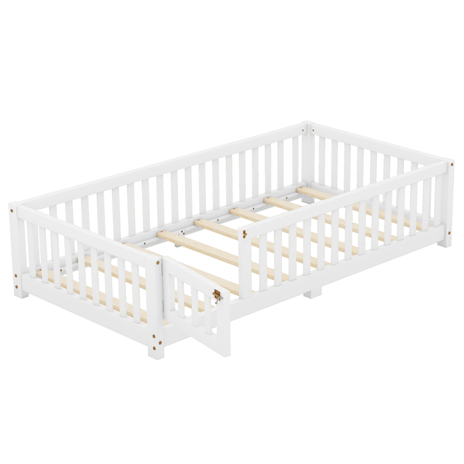 Twin Size Bed Floor Bed With Safety Guardrails And Door For Kids, White Old Sku:W158090683 Twin White Pine