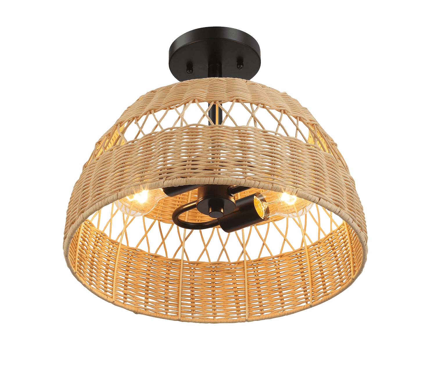 Twinkle Double Lights Semi Flush With Rattan Shade Black Metal Finish For Farmhouse Style Black,Rattan Metal,Rattan