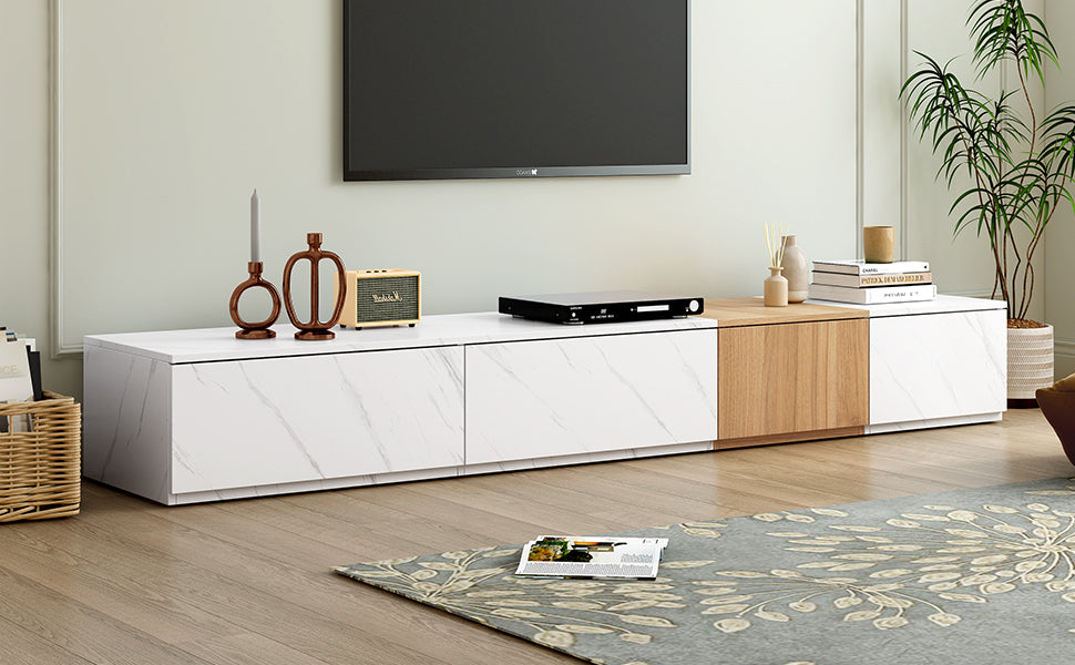 Tv Stand With Faux Marble And Walnut Wood Grain Finish For Tvs Up To 88'', Modern Free Combination Entertainment Center With 4 Storage Drawers For Living Room, White White 80 89 Inches Particle Board