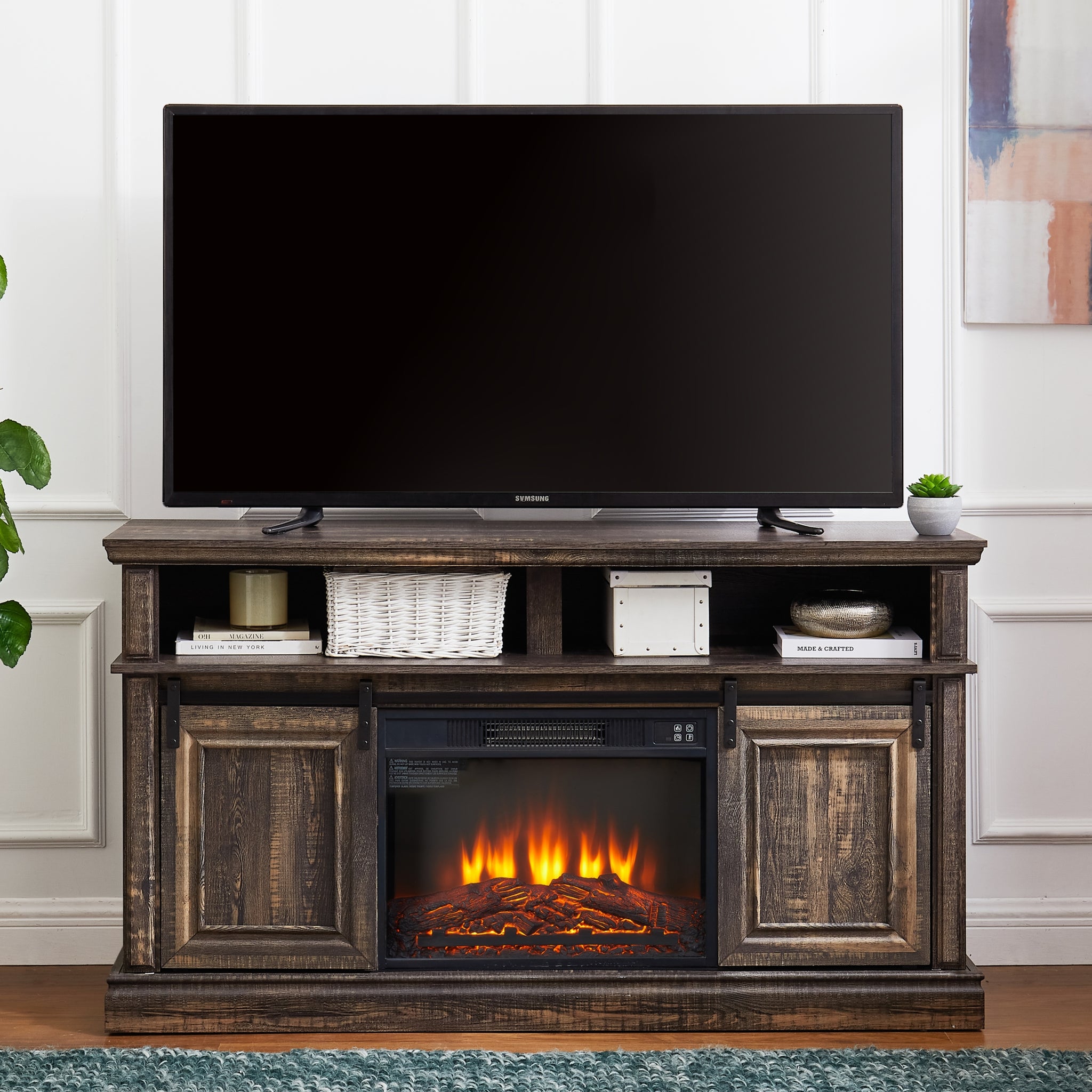 Modern Entertainment Console Tv Stand With 23" Fireplace Insert, Multipurpose Sliding Door Tv Cabinet Large Storage Space, 58.11"W*15.79"D*32.36"H Antique Brown Antique Brown 60 69 Inches 60 69 Inches 60 Inches Mdf