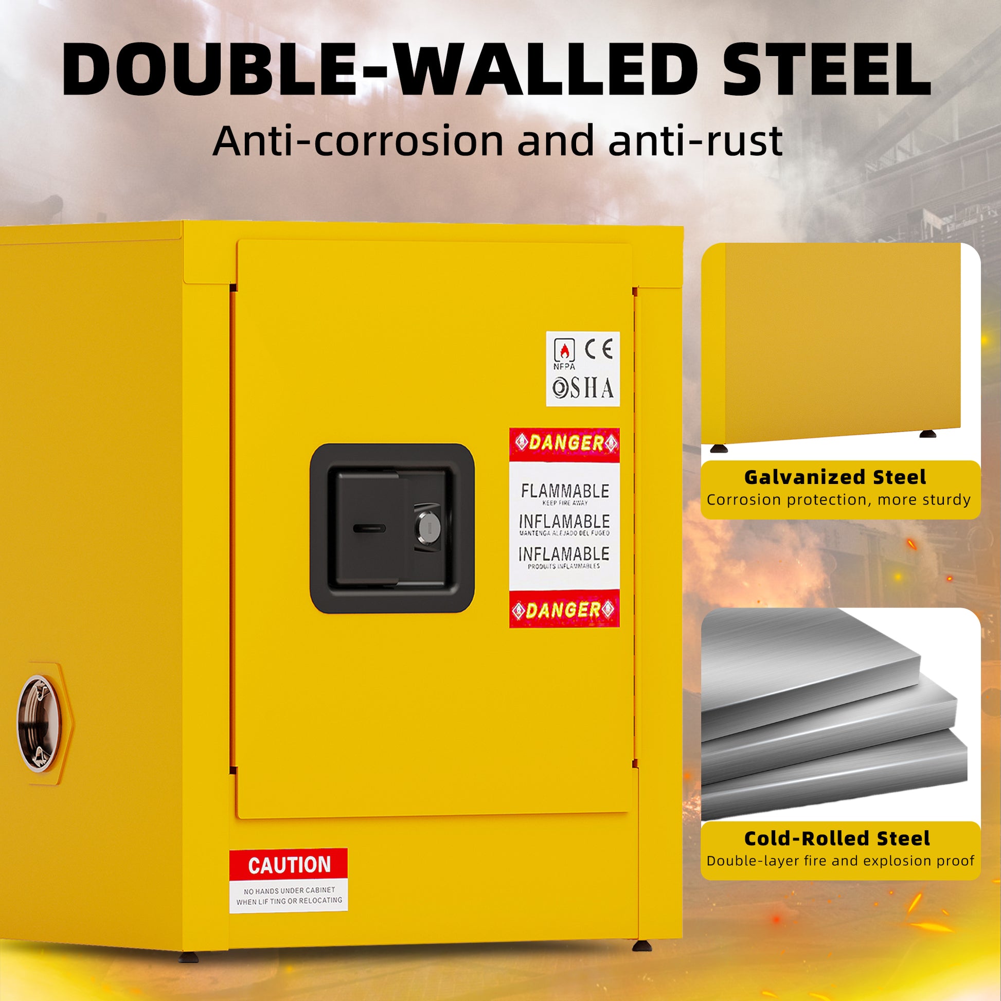 Flammable Safety Cabinet, Galvanized Steel, Laboratory Cabinets Explosion Proof Cabinets Anti Corrosion Reagents Instruments Protection Supplies Cabinet Antique Yellow Steel