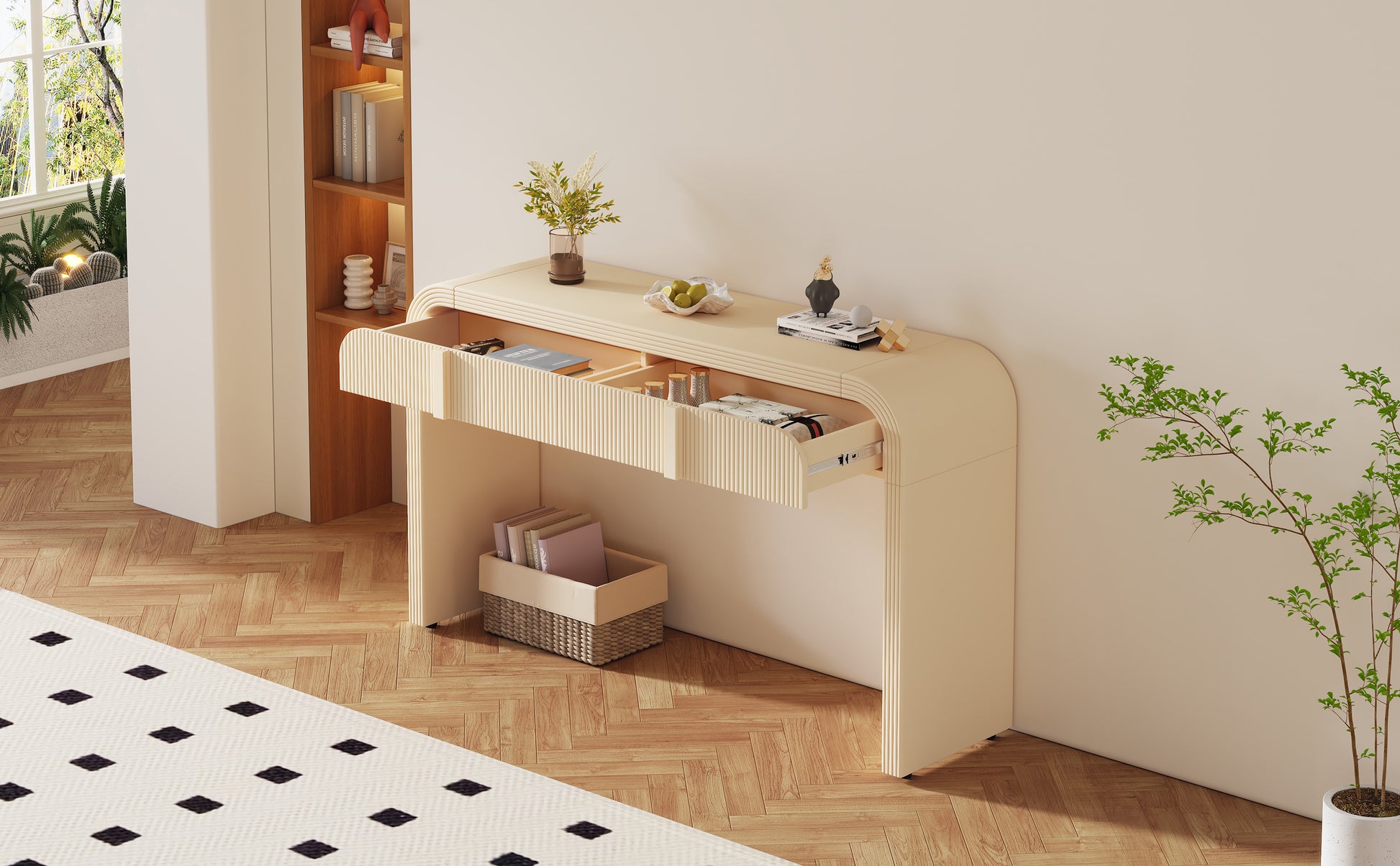 Unique Modern Rounded And Smooth Surface Console Table With 2 Drawers For Living Room And Entryway Apricot Cream Apricot Cream Primary Living Space Drawers Glossy Mdf