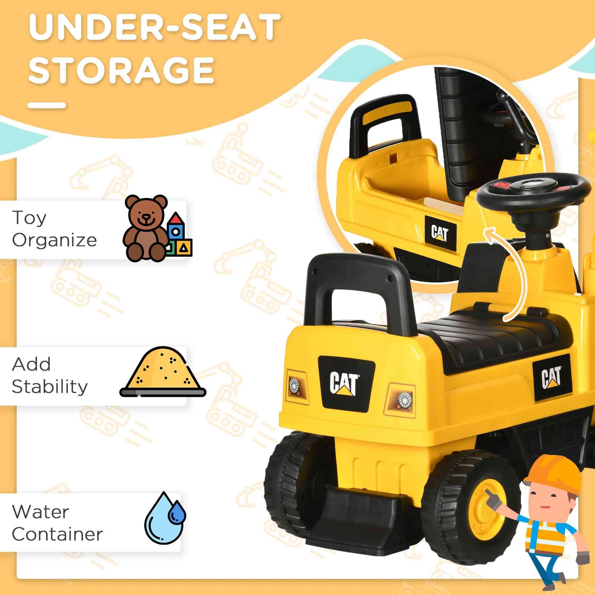 Aosom Excavator Ride On Toy, Cat Licensed Kids Manual Pedal Ride On Excavator With Manual Shovel, Horn, Hidden Storage For 18 36 Months Boys And Girls, Yellow Yellow Plastic