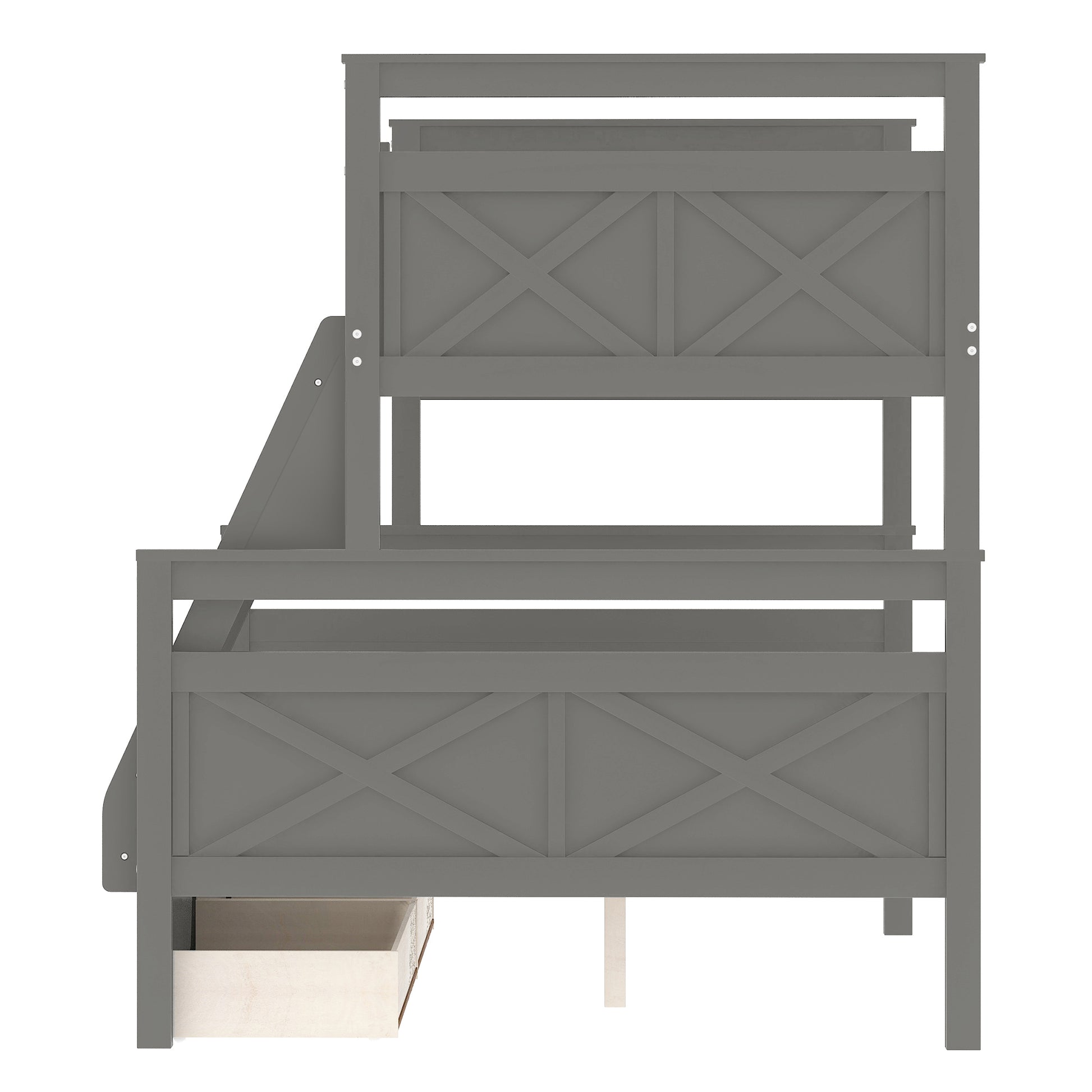 Twin Over Full Bunk Bed With Ladder, Two Storage Drawers, Safety Guardrail, Gray Twin Box Spring Not Required Gray Bedroom Bunk Pine