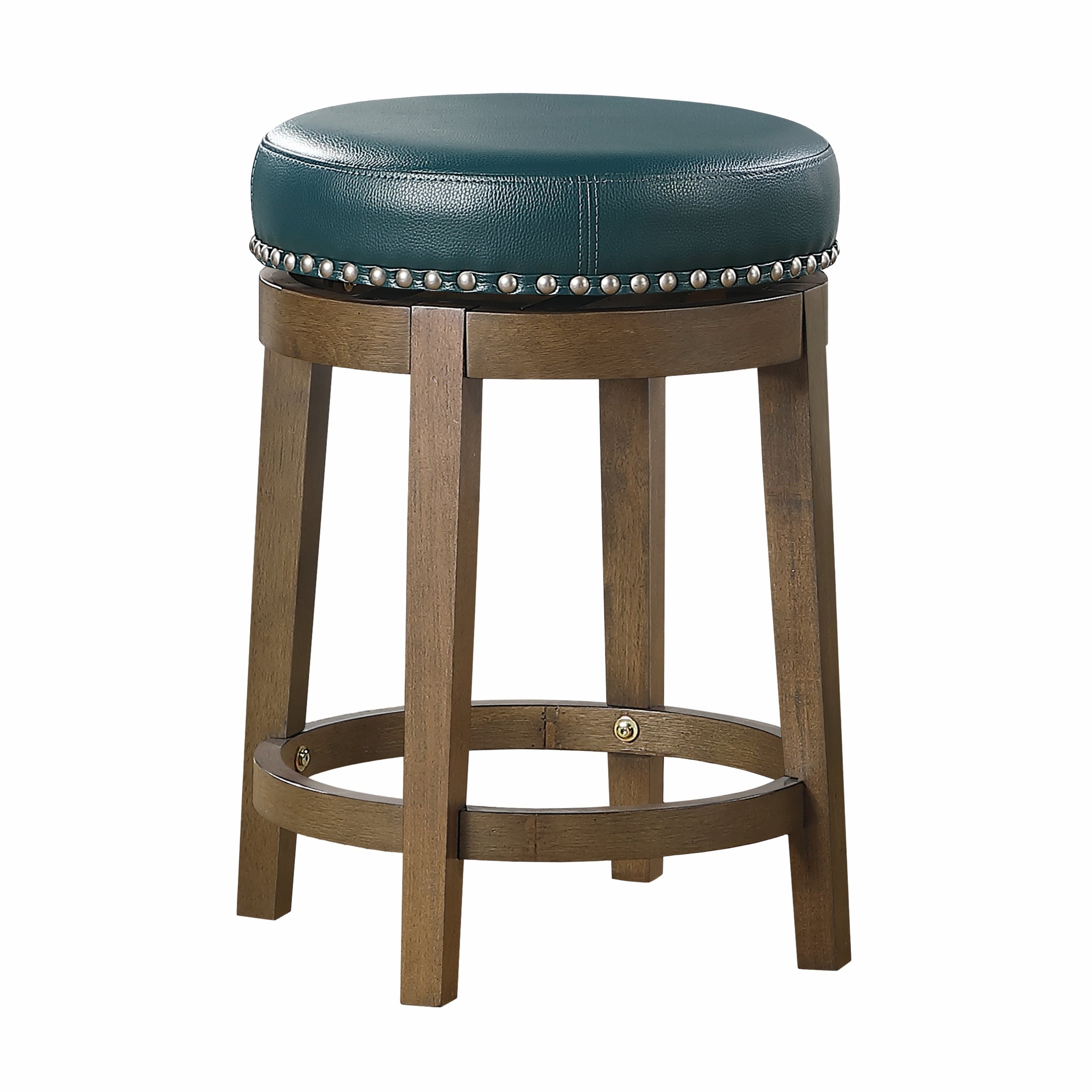 Round Swivel Counter Height Stools Set Of 2, Green Faux Leather 360 Degree Swivel Seat Trim Solid Wood Frame Brown Finish Furniture Brown Green Dining Room Round Solid Wood